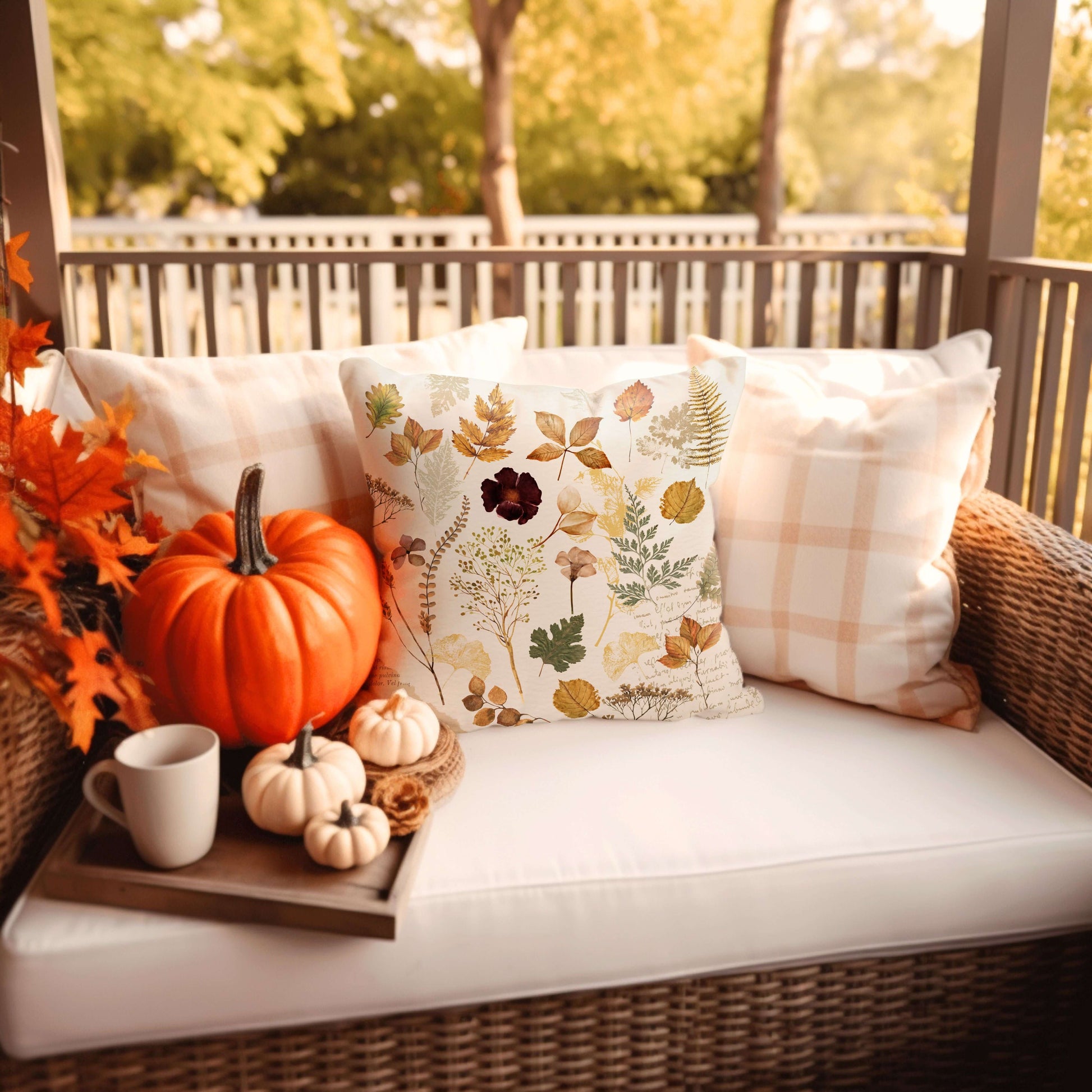Wildflower autumn PILLOW cover on a cozy couch with pumpkins and fall decor.