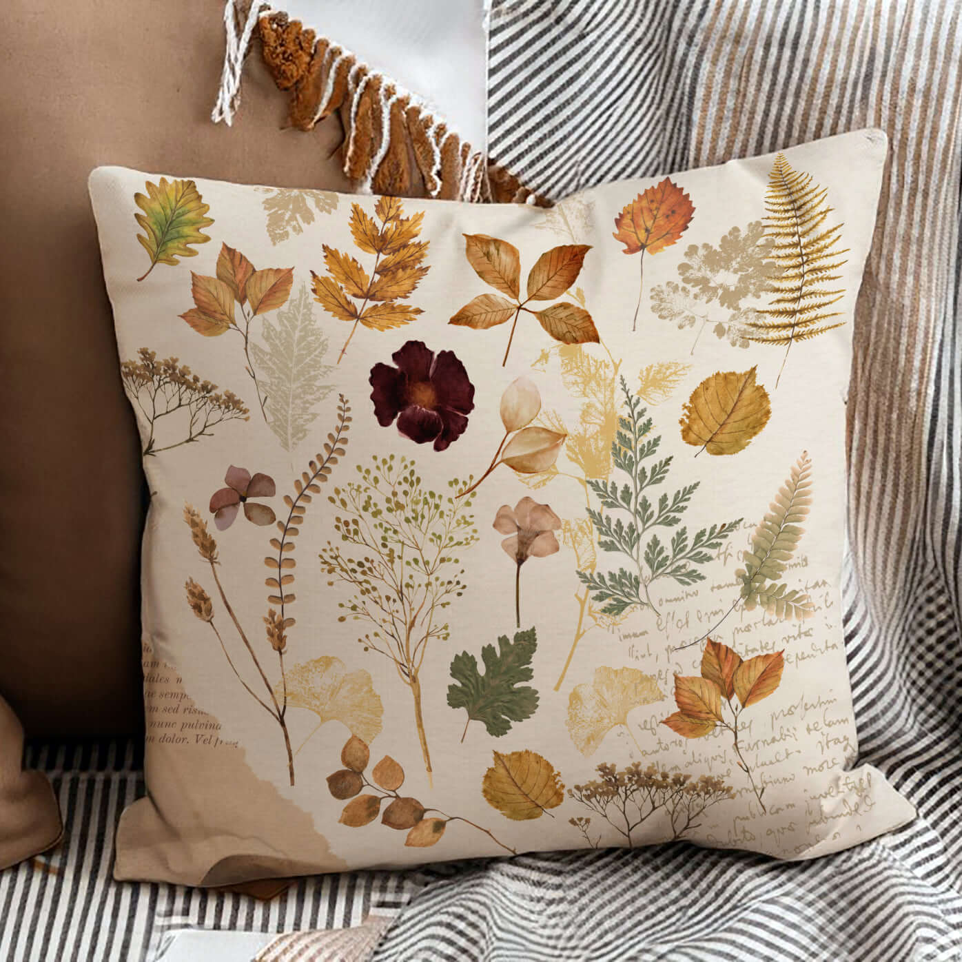 Wildflower autumn PILLOW featuring pressed leaves and dried ferns on a soft linen background, perfect botanical decor.