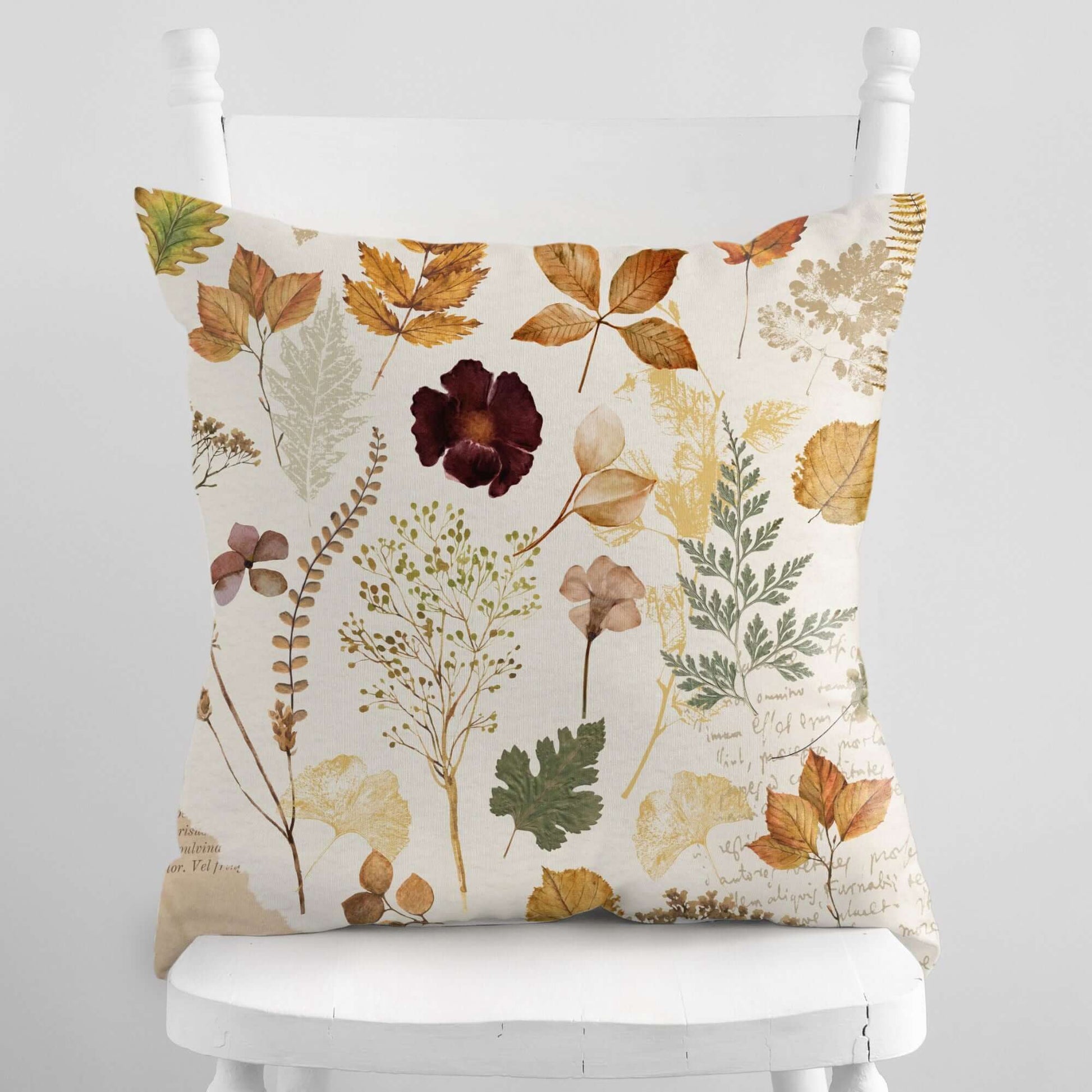 Wildflower autumn PILLOW cover featuring pressed leaves and botanical patterns on a soft linen background.