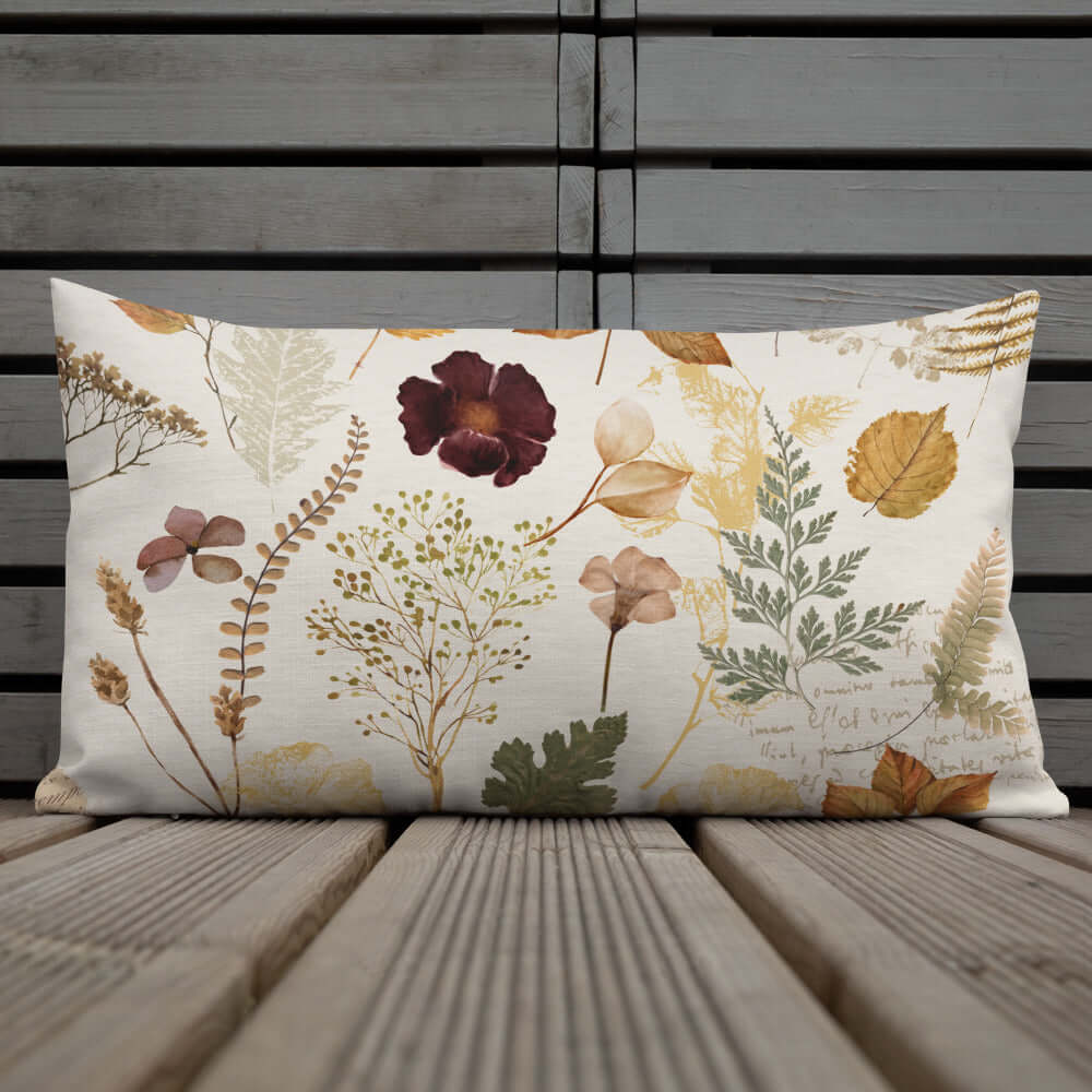 Wildflower autumn PILLOW featuring vintage herbarium design with pressed leaves and wildflowers on linen.