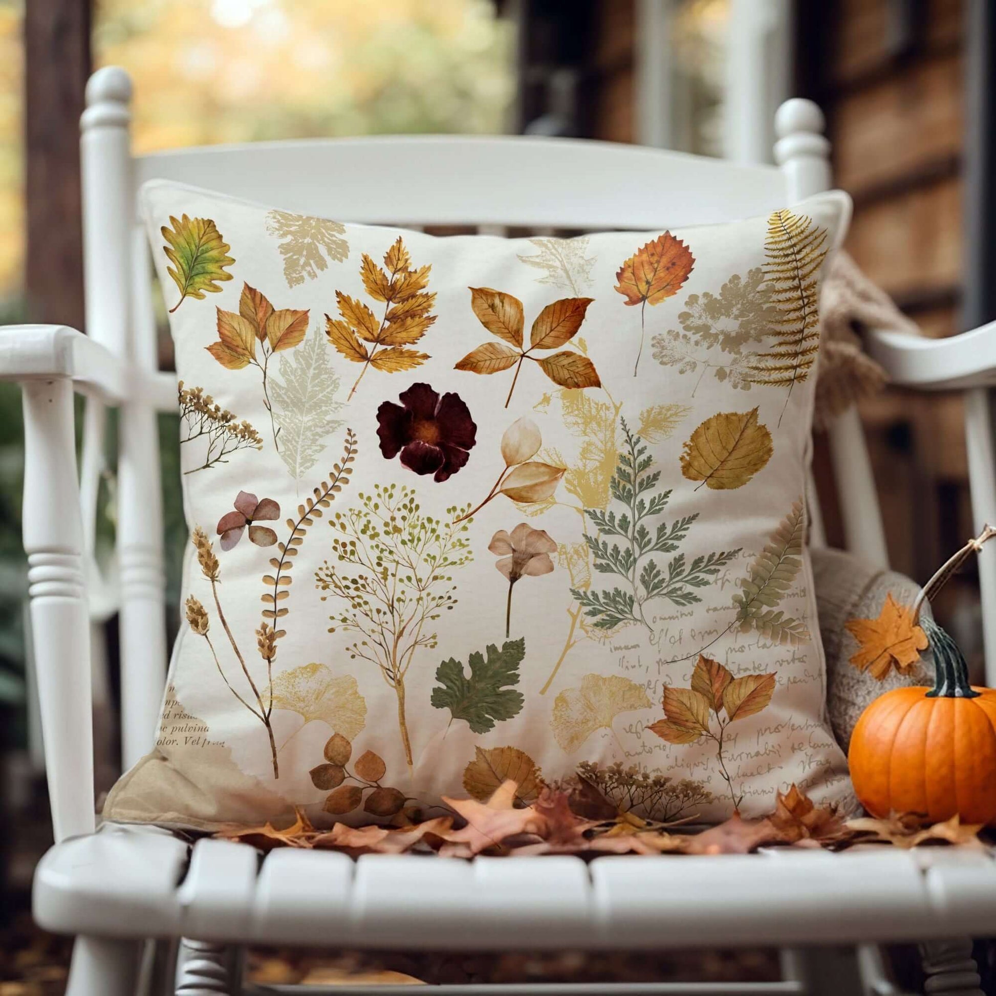 Wildflower autumn PILLOW showcasing pressed leaves and dried ferns on a soft linen background.