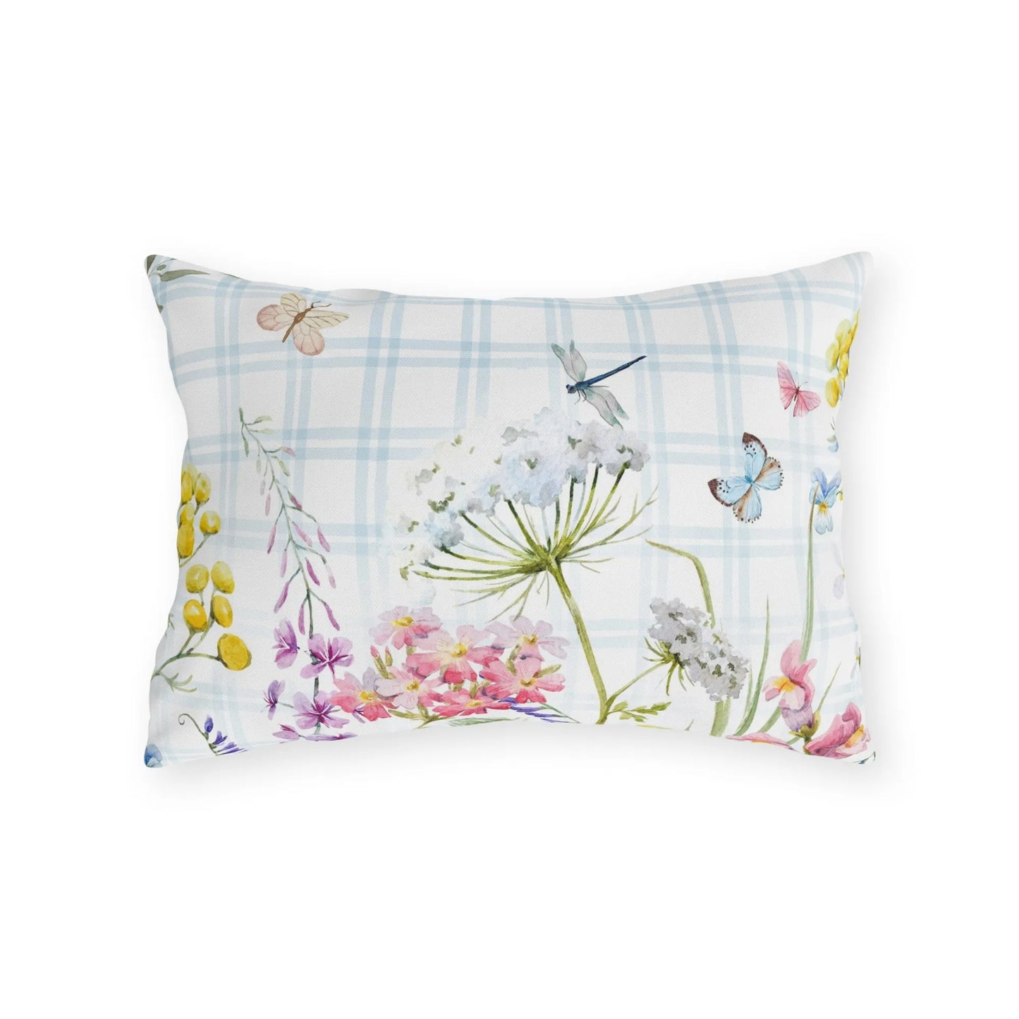 Watercolor botanical lumbar pillow with pastel wildflowers and butterflies on soft blue plaid – charming spring accent for nature-inspired home decor.