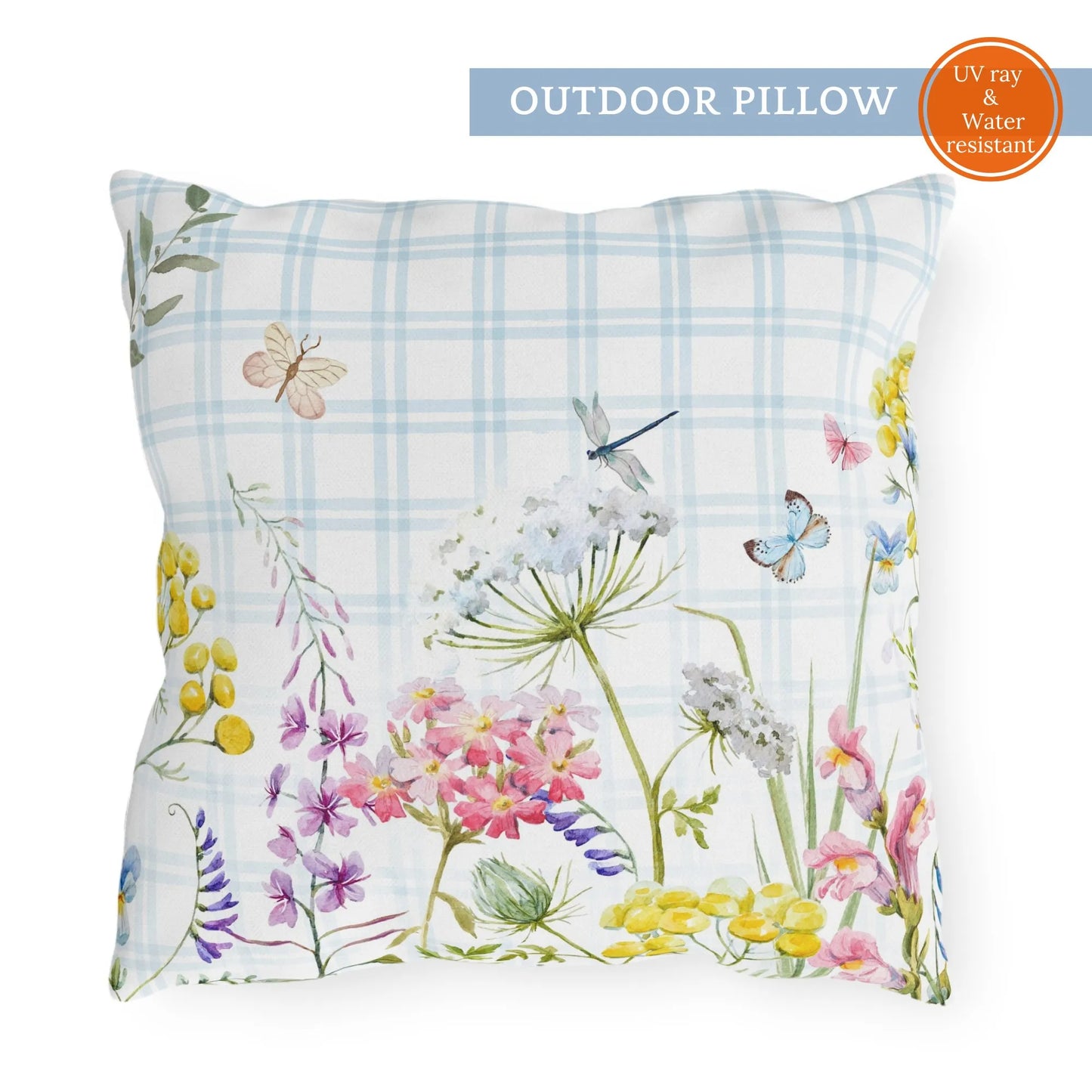 Square outdoor pillow with watercolor wildflowers and butterflies on soft blue plaid background – UV and water-resistant, perfect for spring garden decor.