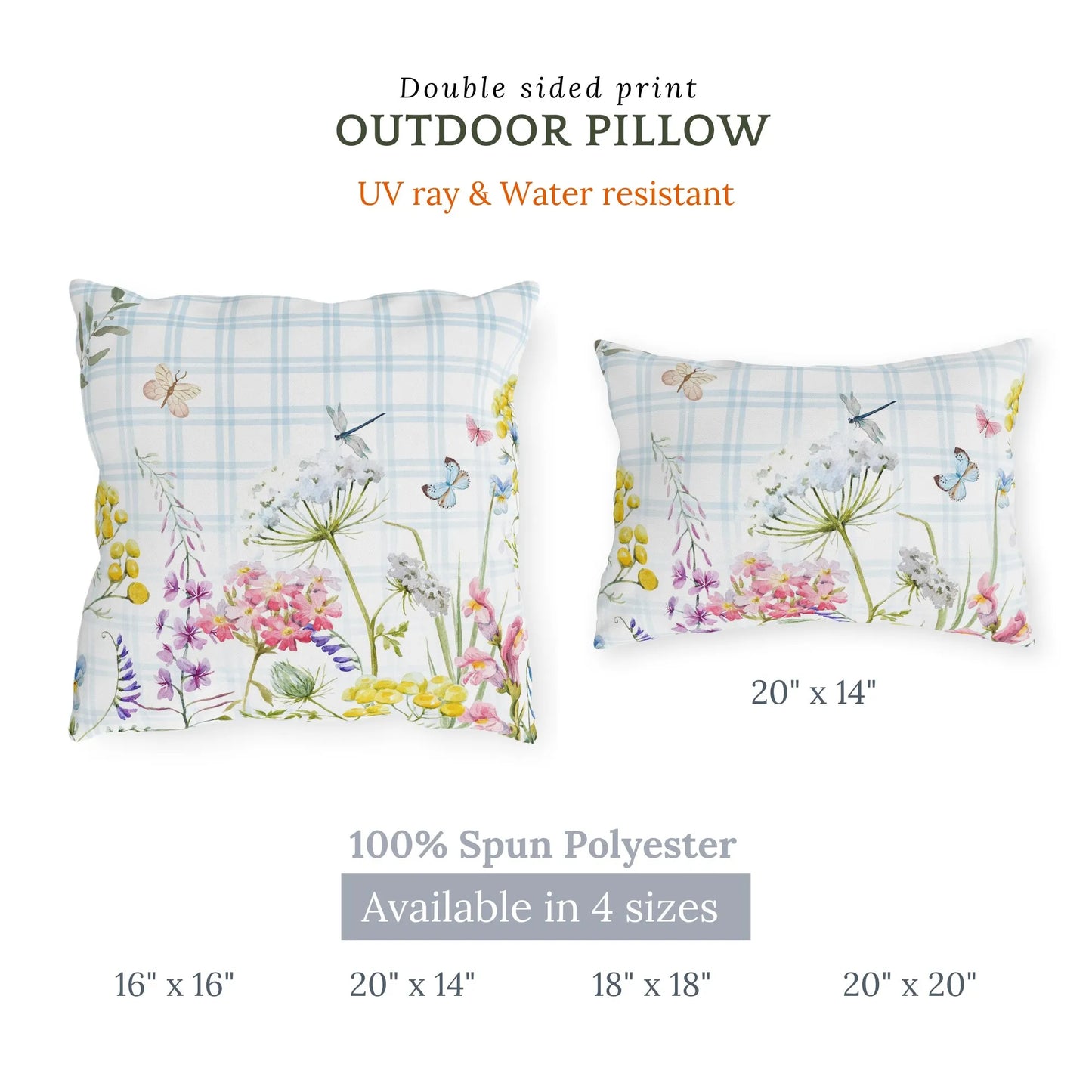 Double-sided blue floral outdoor pillows in four sizes, featuring watercolor wildflowers and butterflies – UV and water resistant, perfect for spring porch decor.
