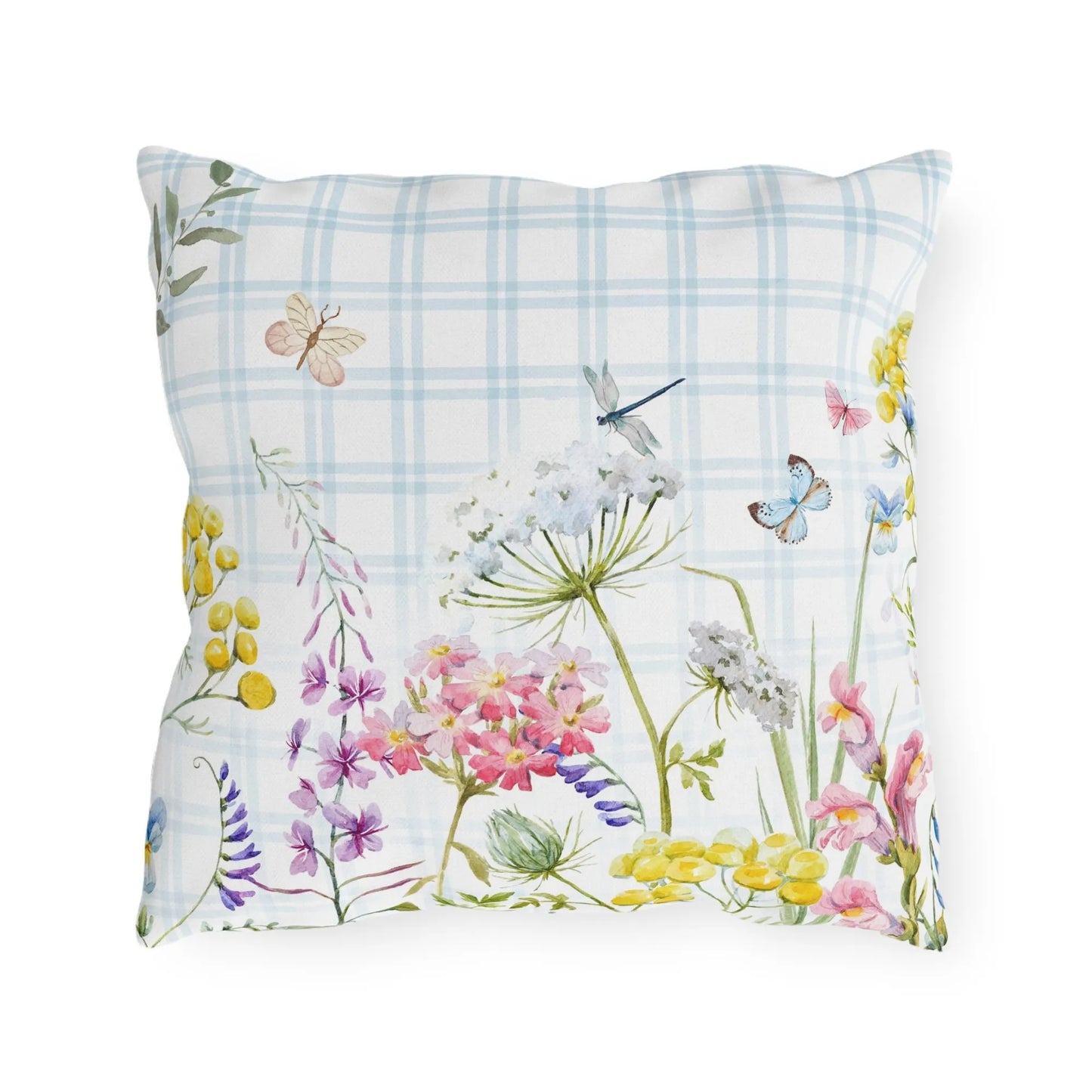 Watercolor blue floral outdoor pillow with wildflowers, butterflies, and a soft plaid background – nature-inspired spring decor for patios or porches.