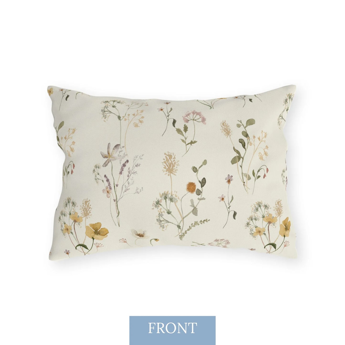 Lumbar outdoor pillow with soft floral watercolor design in warm, earthy pinks and greens