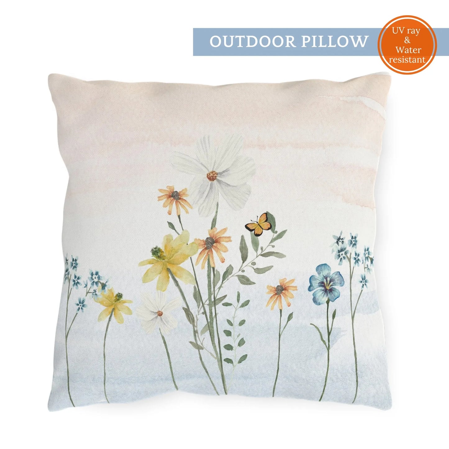 Outdoor pillow featuring watercolor wildflowers in soft yellow, white, and blue tones with a butterfly, UV-resistant fabric for nature-inspired decor.