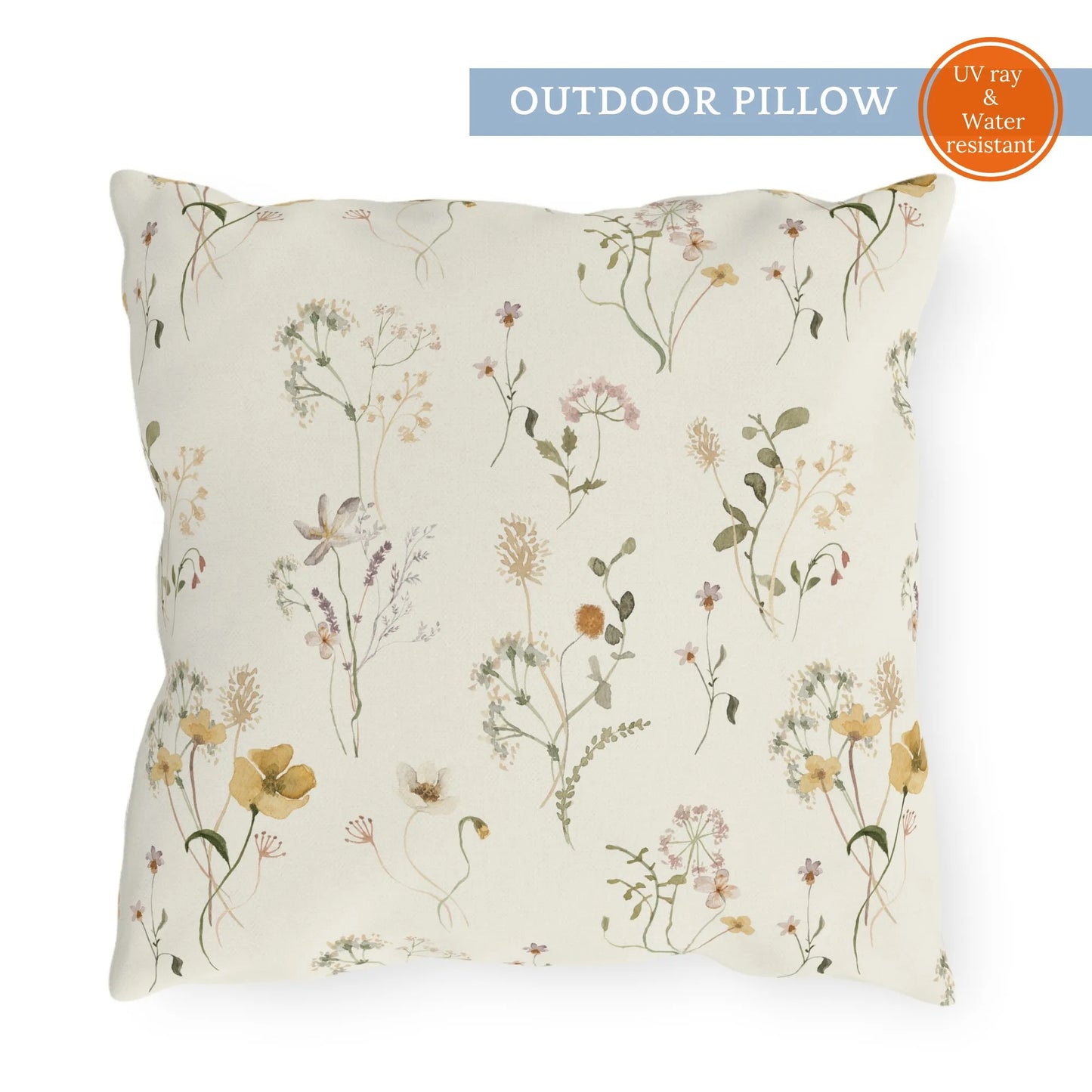 Outdoor pillow with delicate watercolor wildflower pattern in soft earth tones on cream background, UV and water resistant