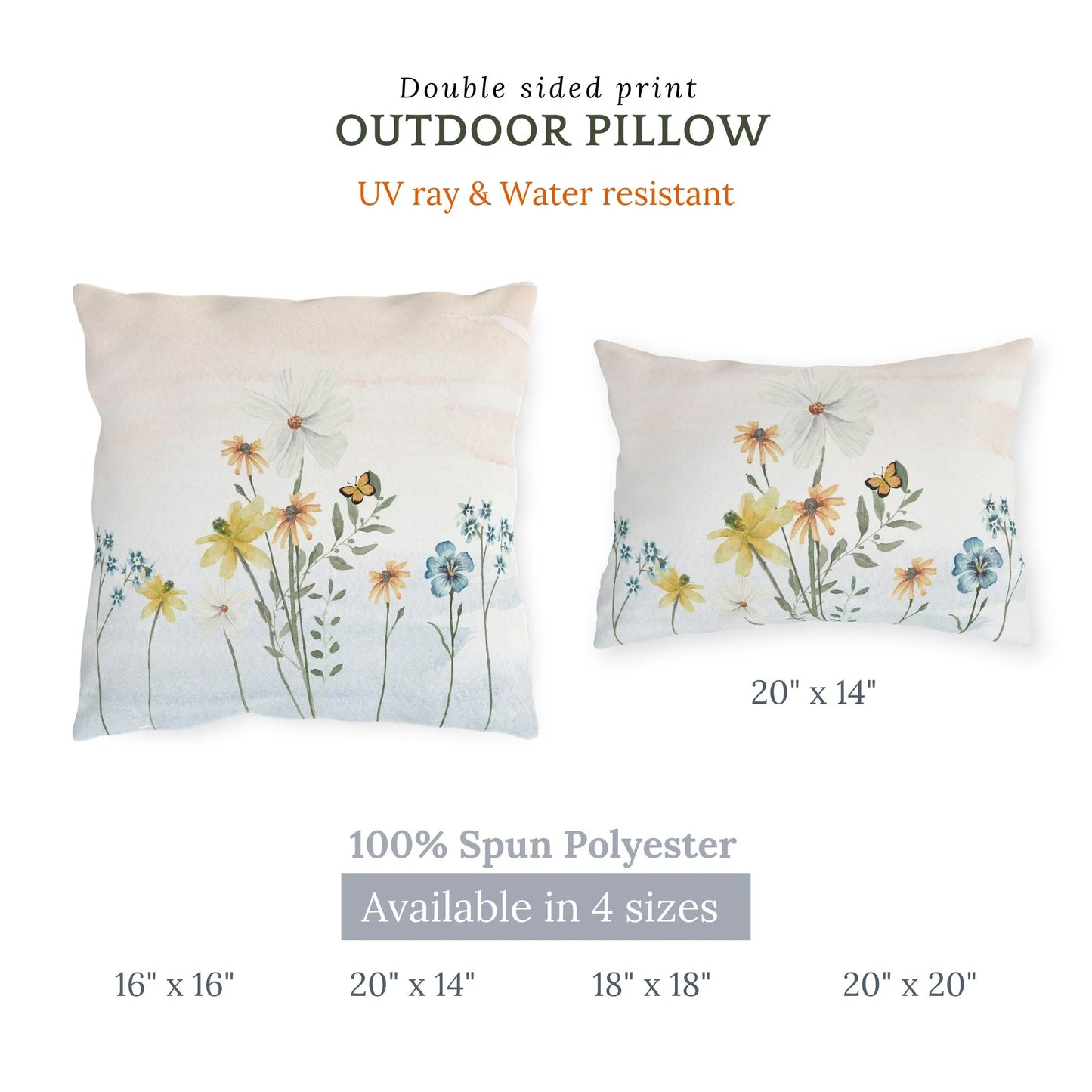 Double-sided outdoor pillow with watercolor wildflowers and butterflies, UV-resistant and water-resistant, available in four sizes for seasonal decor.