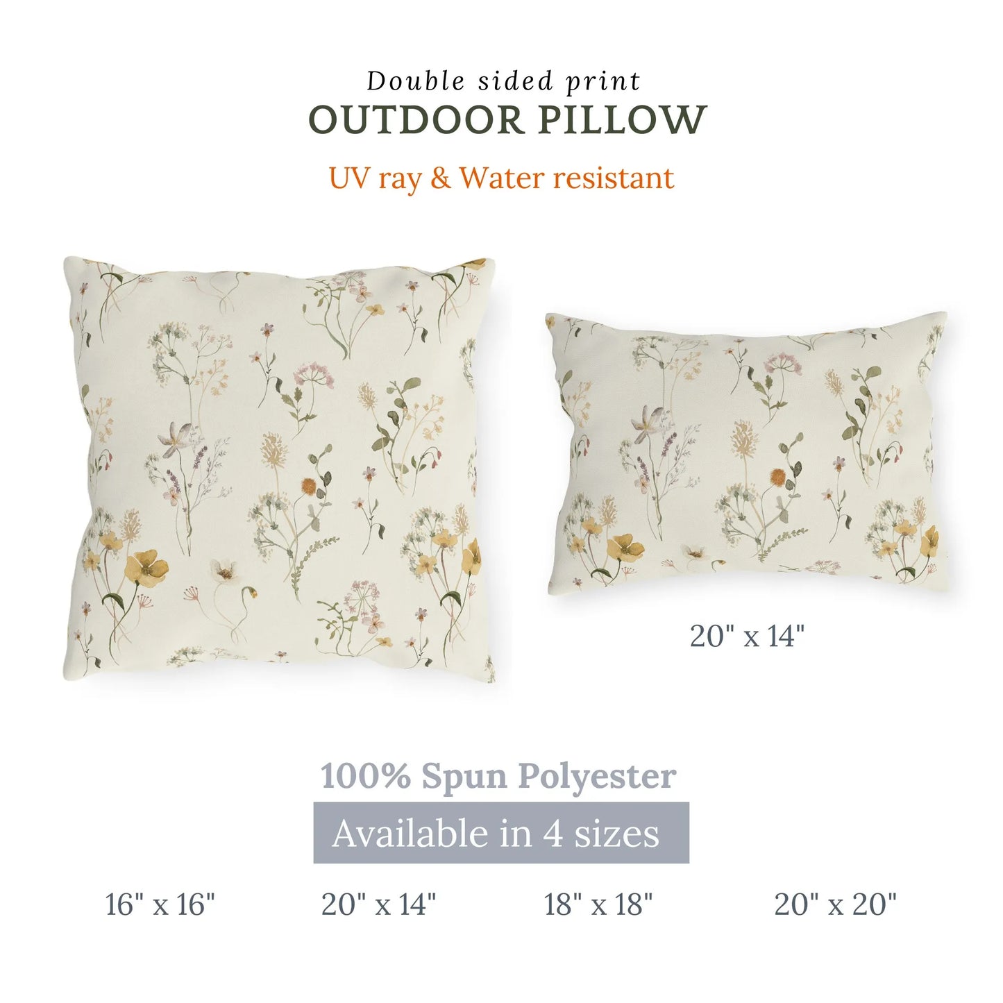 Watercolor wildflowers outdoor pillow in four sizes, UV and water resistant, with blush floral print