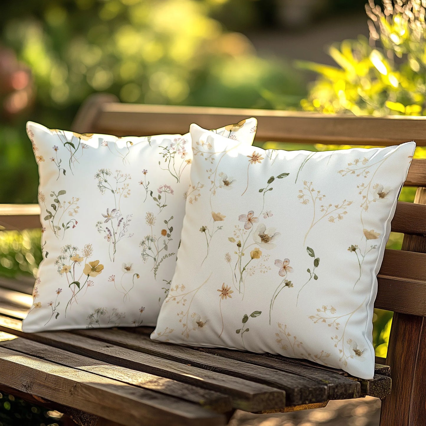 Two botanical outdoor pillows with watercolor wildflowers in soft neutral tones on a wooden bench in a sunlit garden