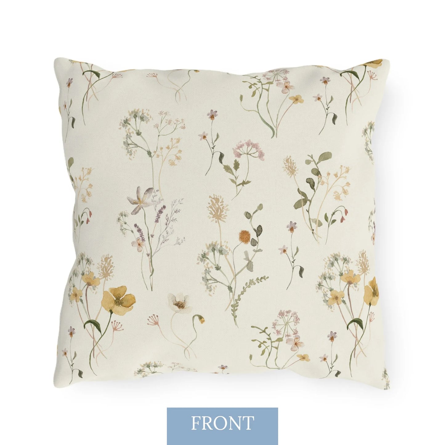 Front view of square outdoor pillow with pink watercolor wildflowers and delicate green leaves