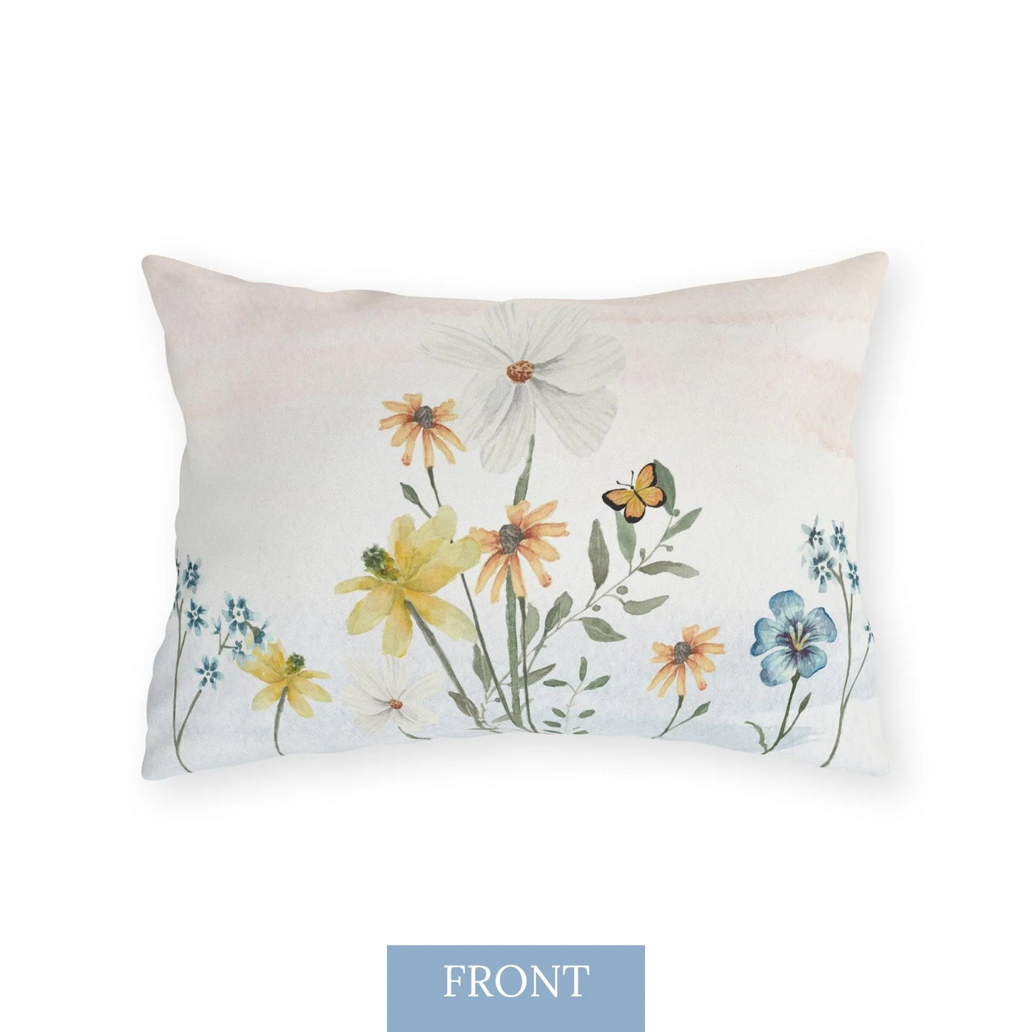 Front side of tangangle outdoor pillow with watercolor wildflowers and butterfly design in soft pastel tones, perfect for nature-inspired outdoor decor.