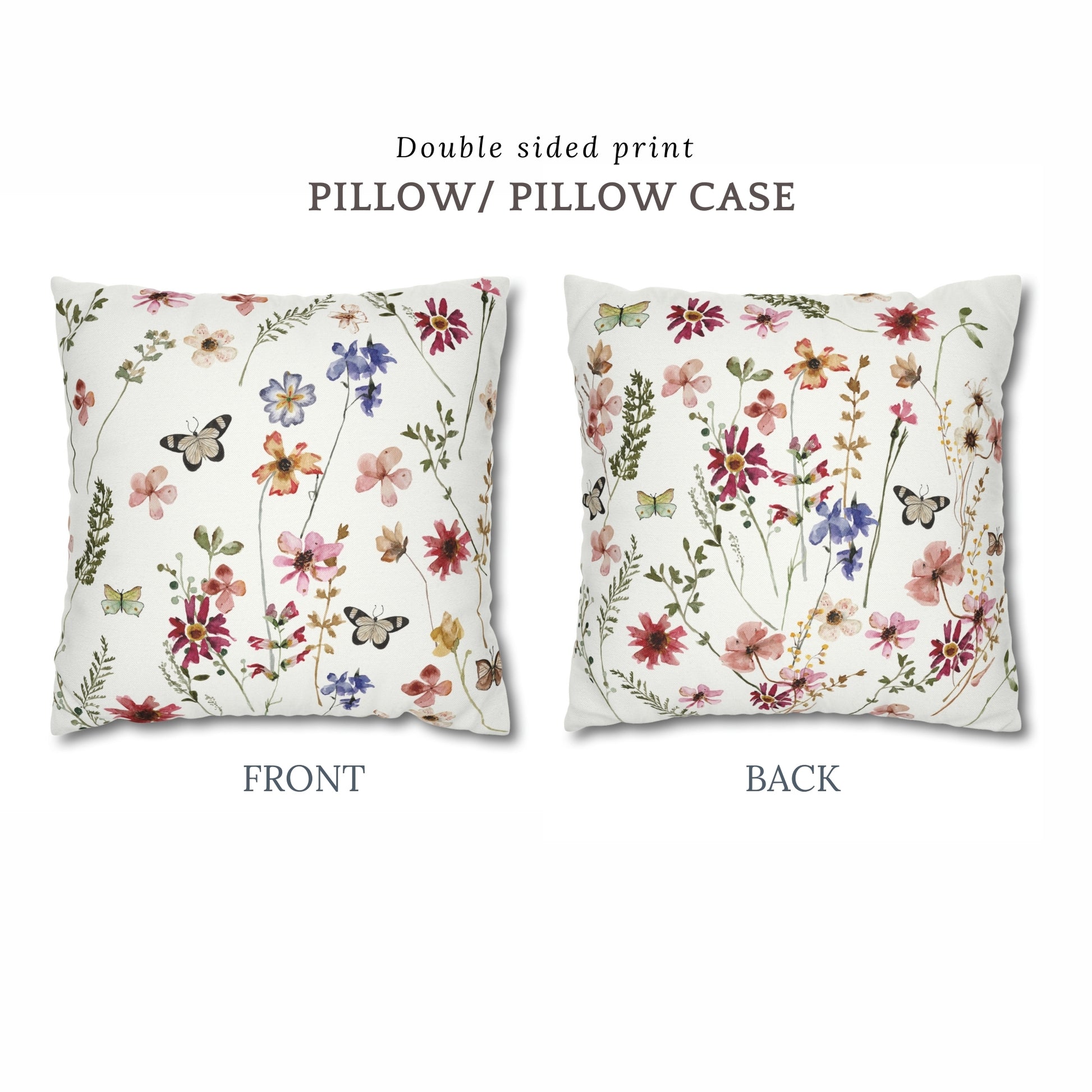 front and back sides of Watercolor Butterflies Wildflowers PILLOW & COVER from Blue Water Songs 