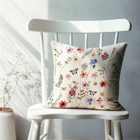 Watercolor Butterflies Wildflowers PILLOW & COVER from Blue Water Songs on white chair next to window