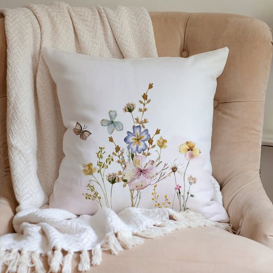 Watercolor Pink Wildflowers PILLOW & COVER from Blue Water Songs on pink sofa