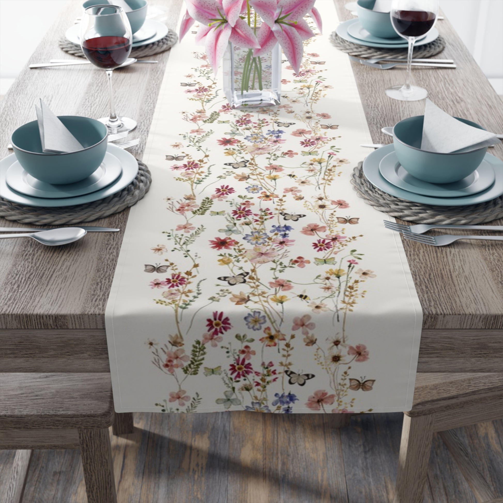 dining table setting with Watercolor Pressed & Dried Wildflowers TABLE RUNNER from Blue Water Songs