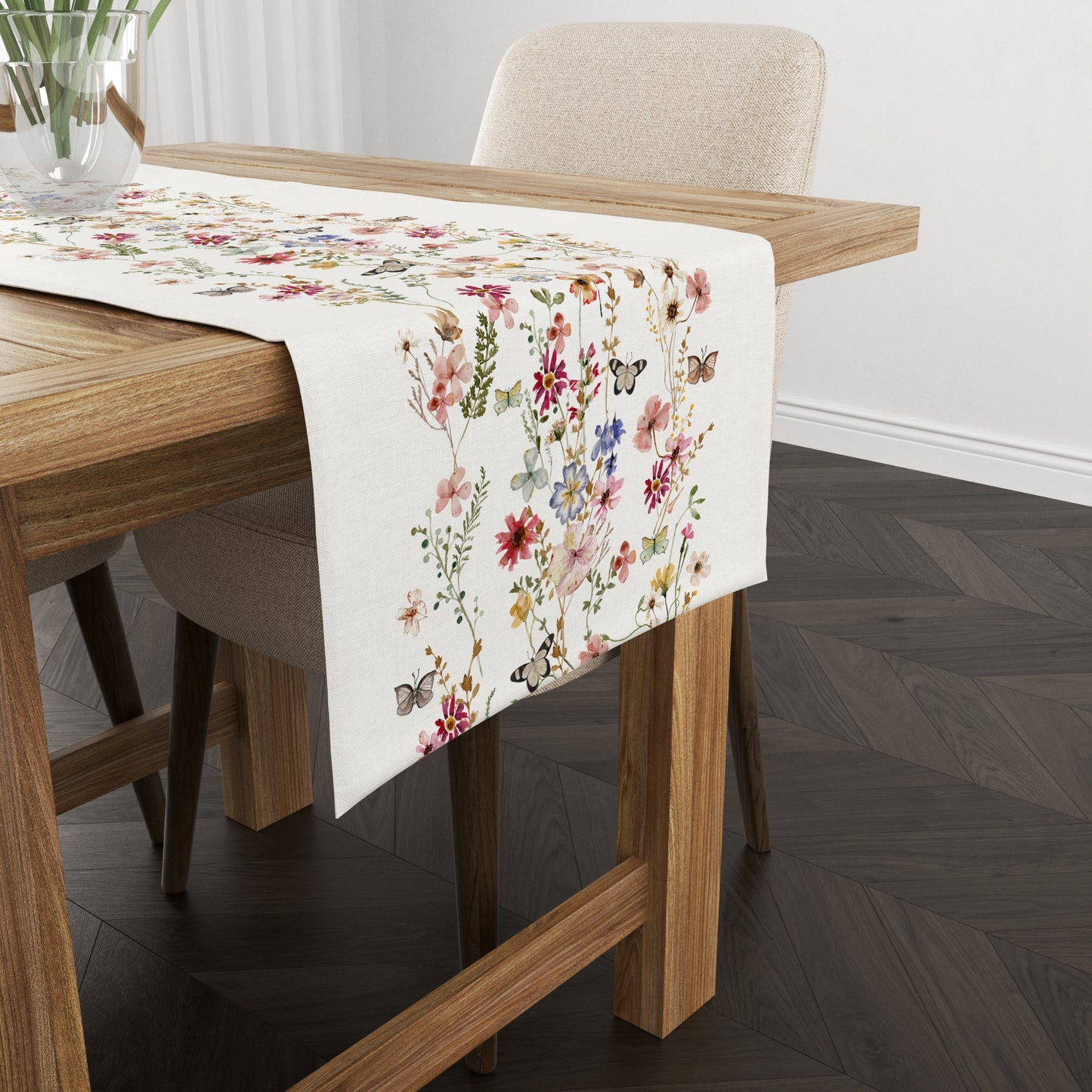 wood table with Watercolor Pressed & Dried Wildflowers TABLE RUNNER from Blue Water Songs on it