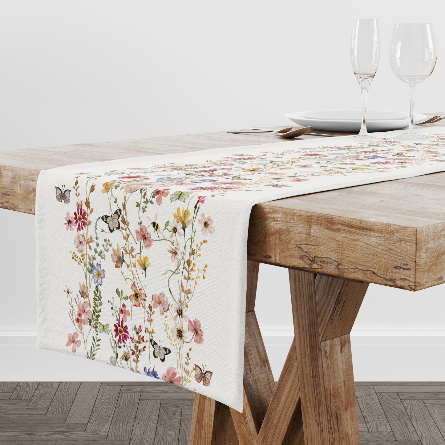 wood table and Watercolor Pressed & Dried Wildflowers TABLE RUNNER from Blue Water Songs on it
