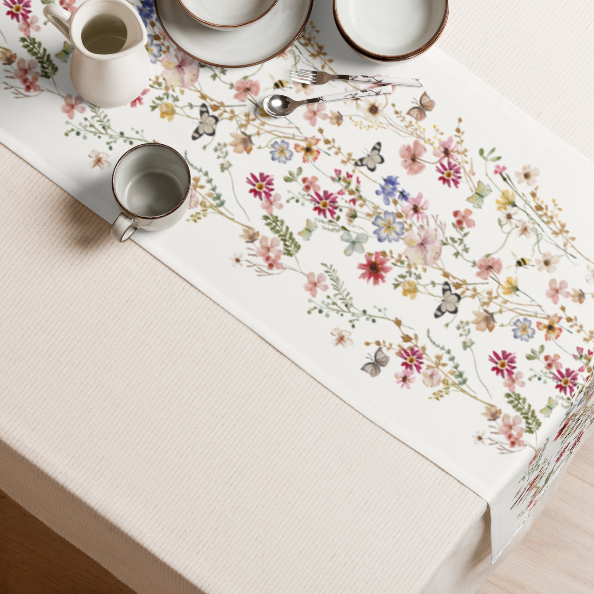 white table cloth and Watercolor Pressed & Dried Wildflowers TABLE RUNNER from Blue Water Songs on it
