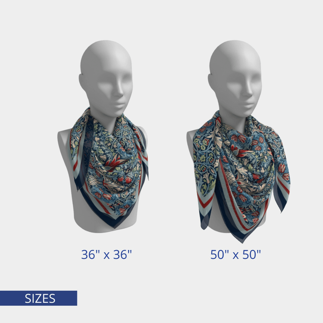 William Morris Scarf Snakehead shown in two sizes: 36" x 36" and 50" x 50" with a vintage floral pattern.