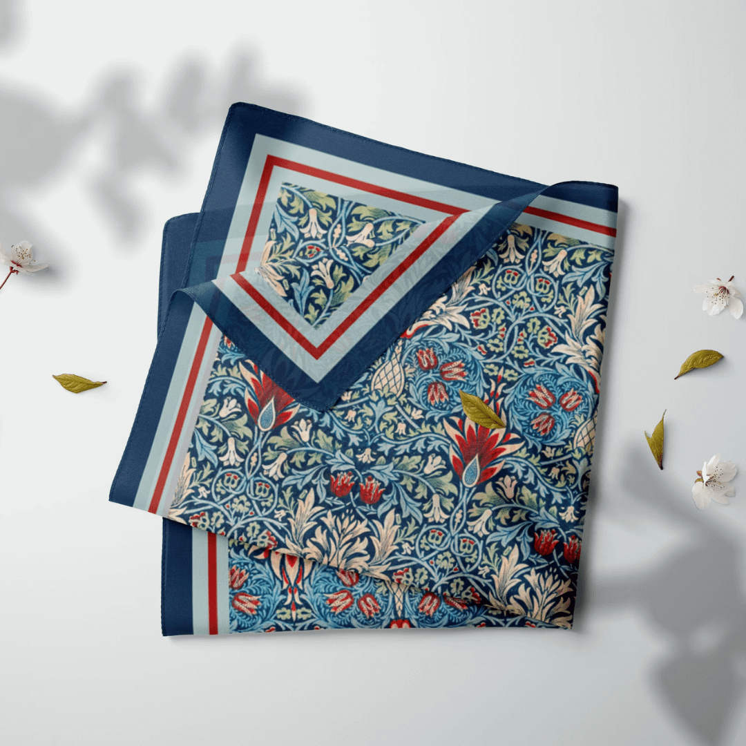 William Morris Scarf Snakehead featuring a vintage floral pattern with colorful fritillary flowers.