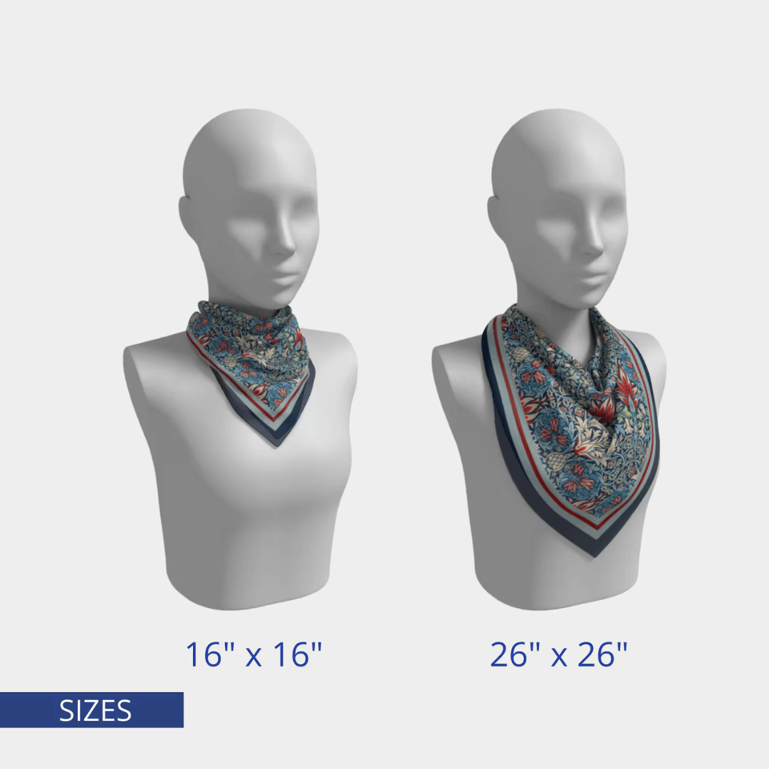 William Morris Scarf Snakehead displayed in two sizes: 16 x 16 inches and 26 x 26 inches, highlighting its floral design.