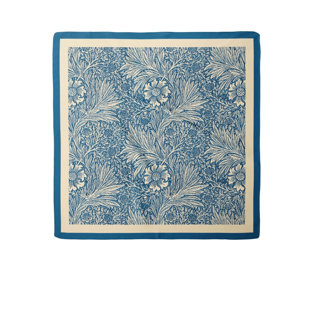 William Morris silk scarf blue floral with Marigold pattern showcasing intricate floral designs in blue tones.