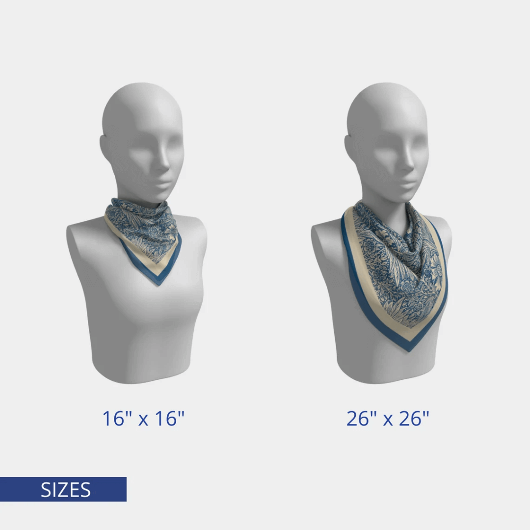 William Morris silk scarf blue floral displayed in two sizes: 16x16 inches and 26x26 inches.