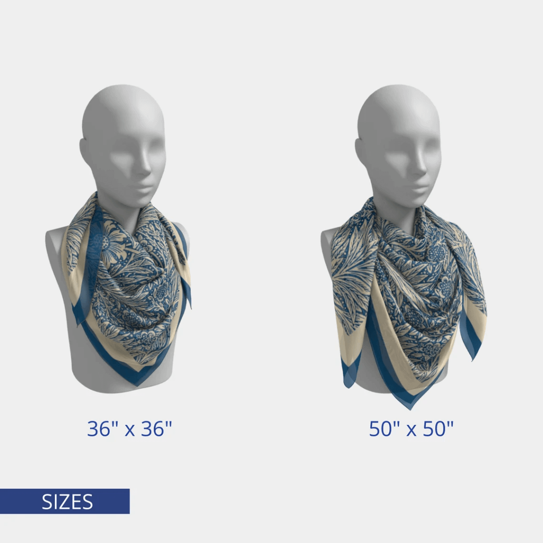 William Morris silk scarf blue floral in two sizes: 36" x 36" and 50" x 50" showcasing marigold pattern and floral design.