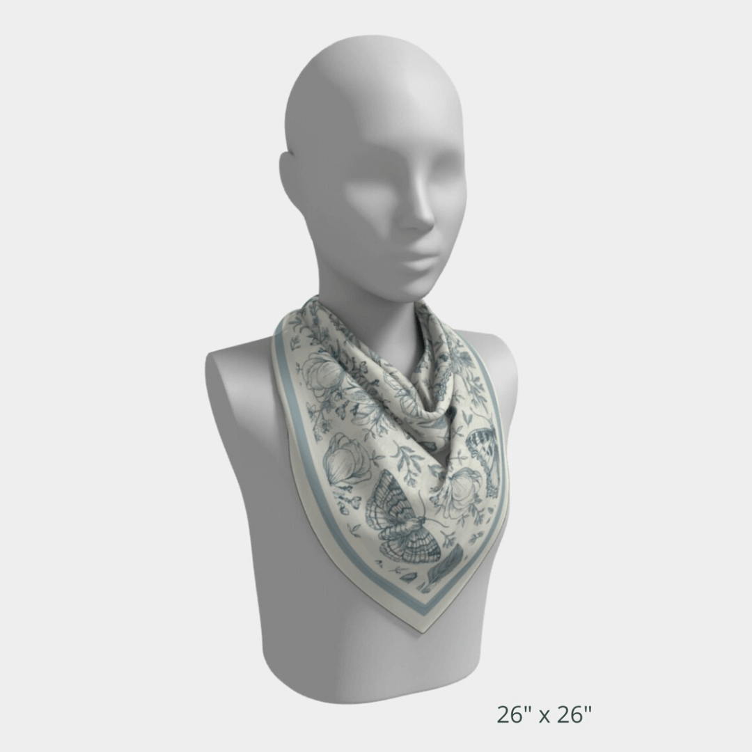 William Morris Silk Scarf Blue Moth featuring delicate floral and butterfly designs in soft blue on a mannequin.
