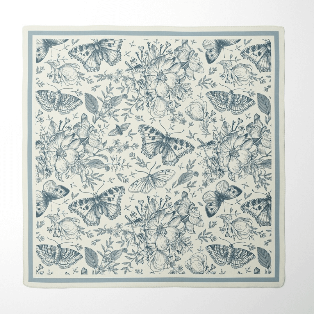 William Morris Silk Scarf Blue Moth featuring delicate butterflies and florals in soft blue