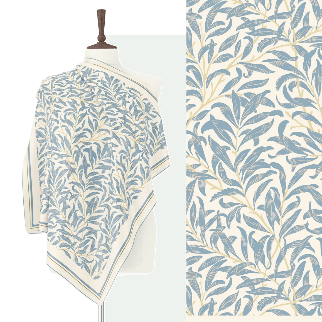 William Morris Silk Scarf Blue Willow Boughs showcasing botanical design in soft blue and cream colors.