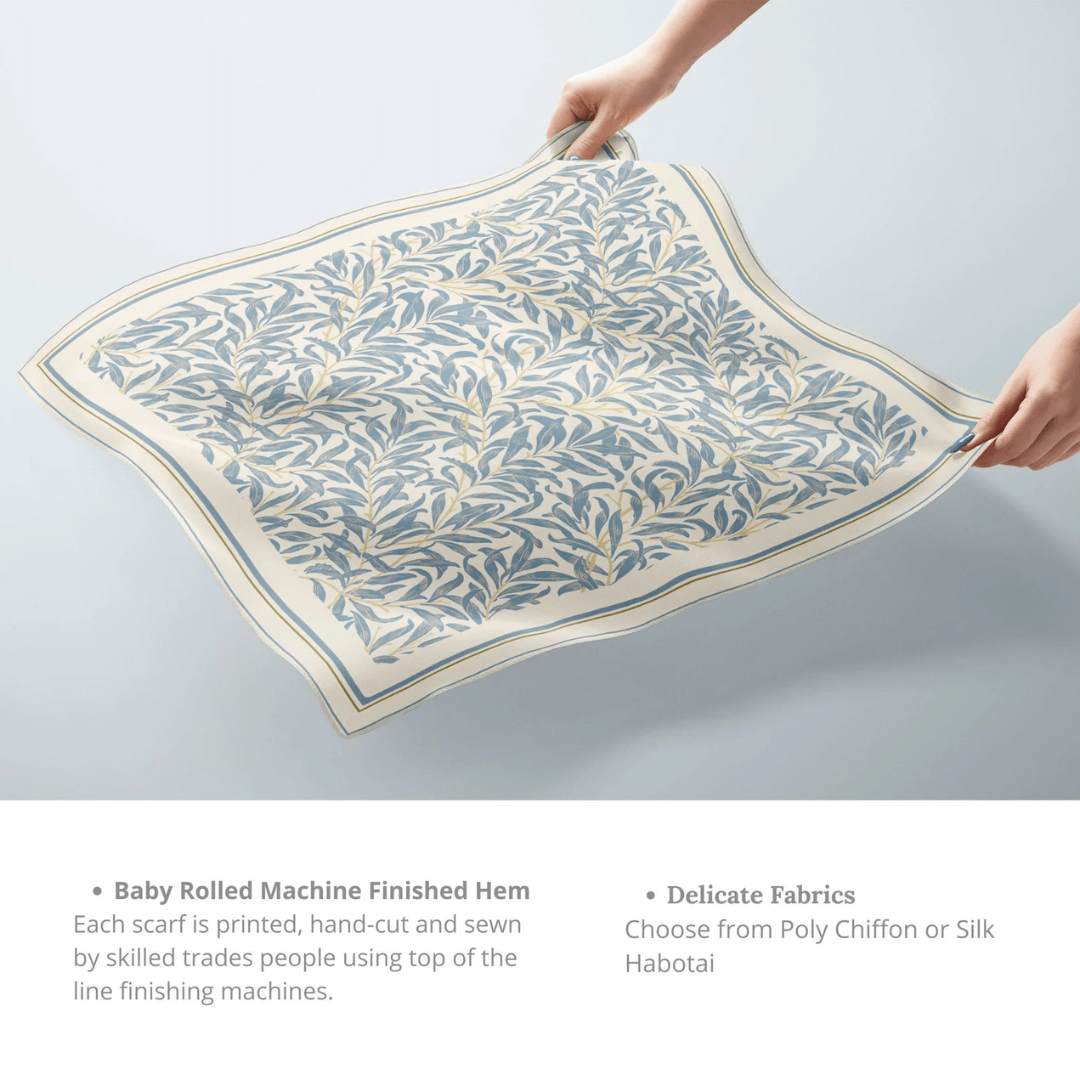 William Morris Silk Scarf Blue Willow Boughs displayed with floral pattern and soft colors in elegant design.