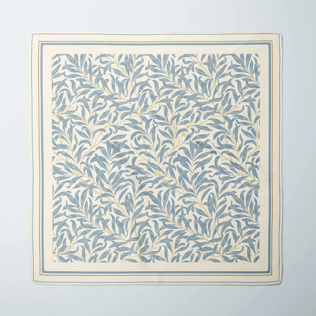 William Morris Silk Scarf Blue Willow Boughs featuring a botanical pattern in blue and beige colors.
