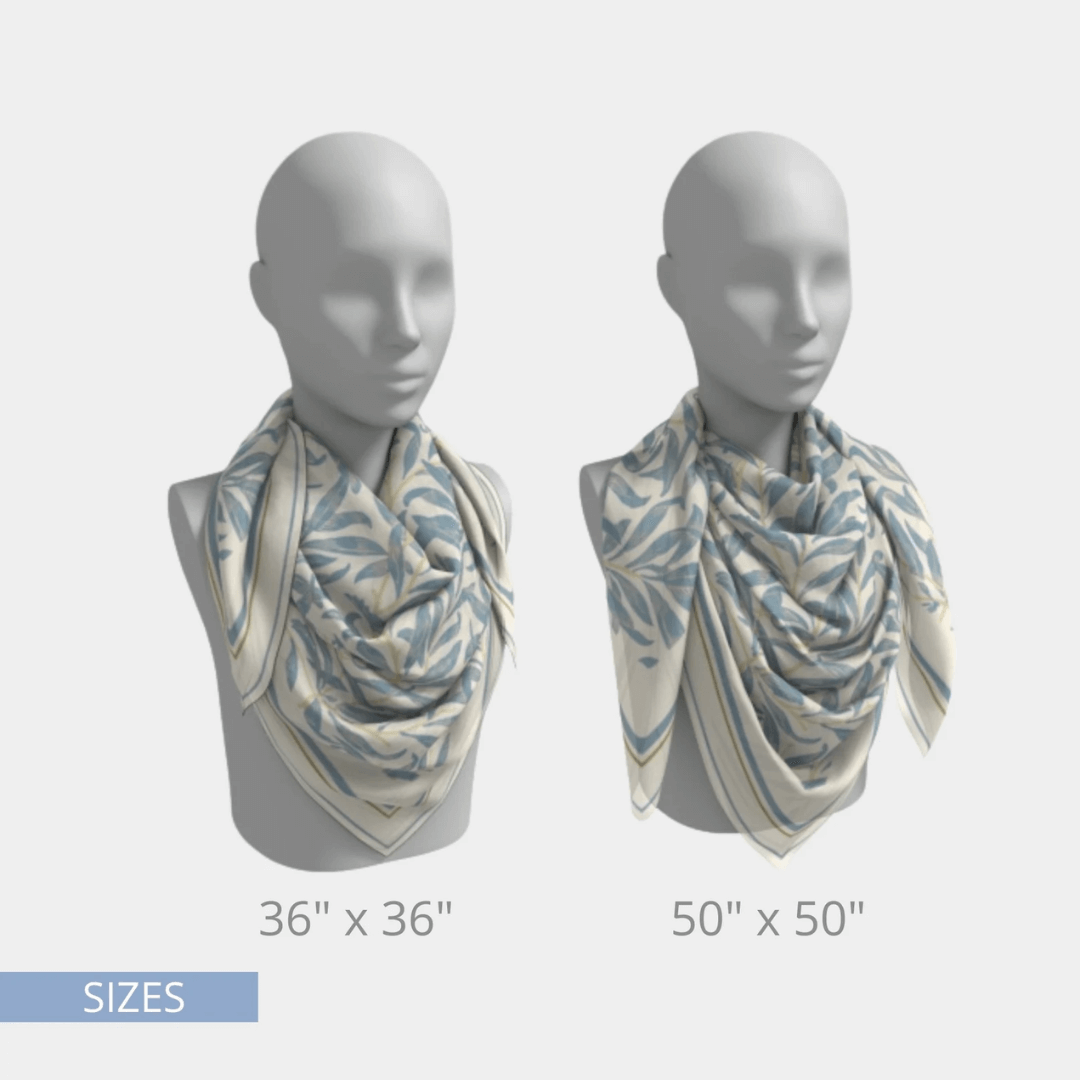 William Morris Silk Scarf Blue Willow Boughs displayed in two sizes, 36x36 inches and 50x50 inches.