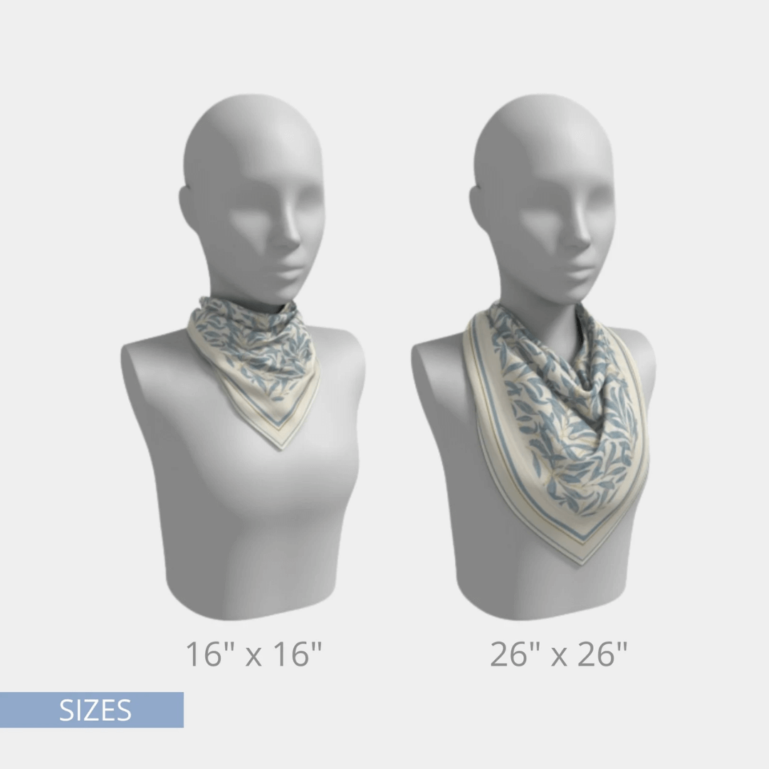 William Morris Silk Scarf Blue Willow Boughs shown in 16x16 and 26x26 sizes on display mannequins.