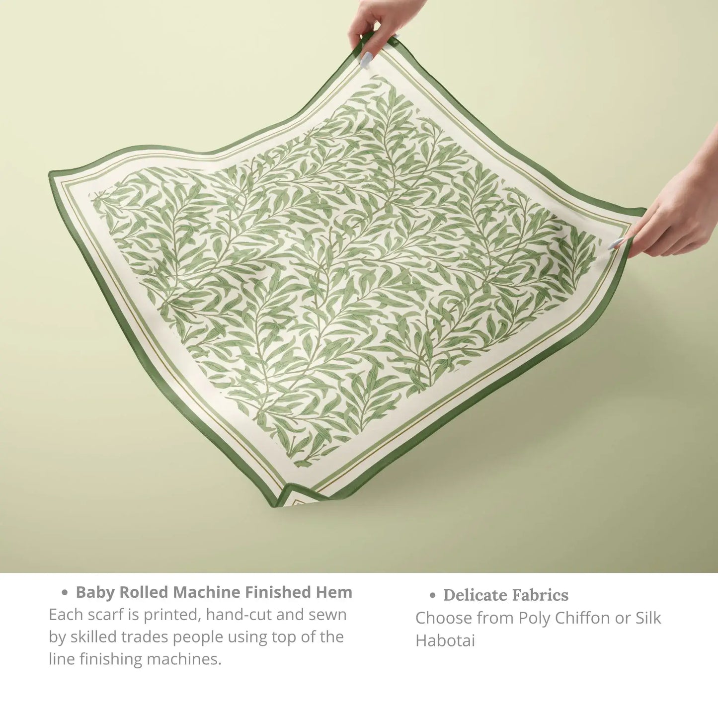 William Morris Silk Scarf Green Willow Boughs displayed with intricate leaf design and delicate fabrics.