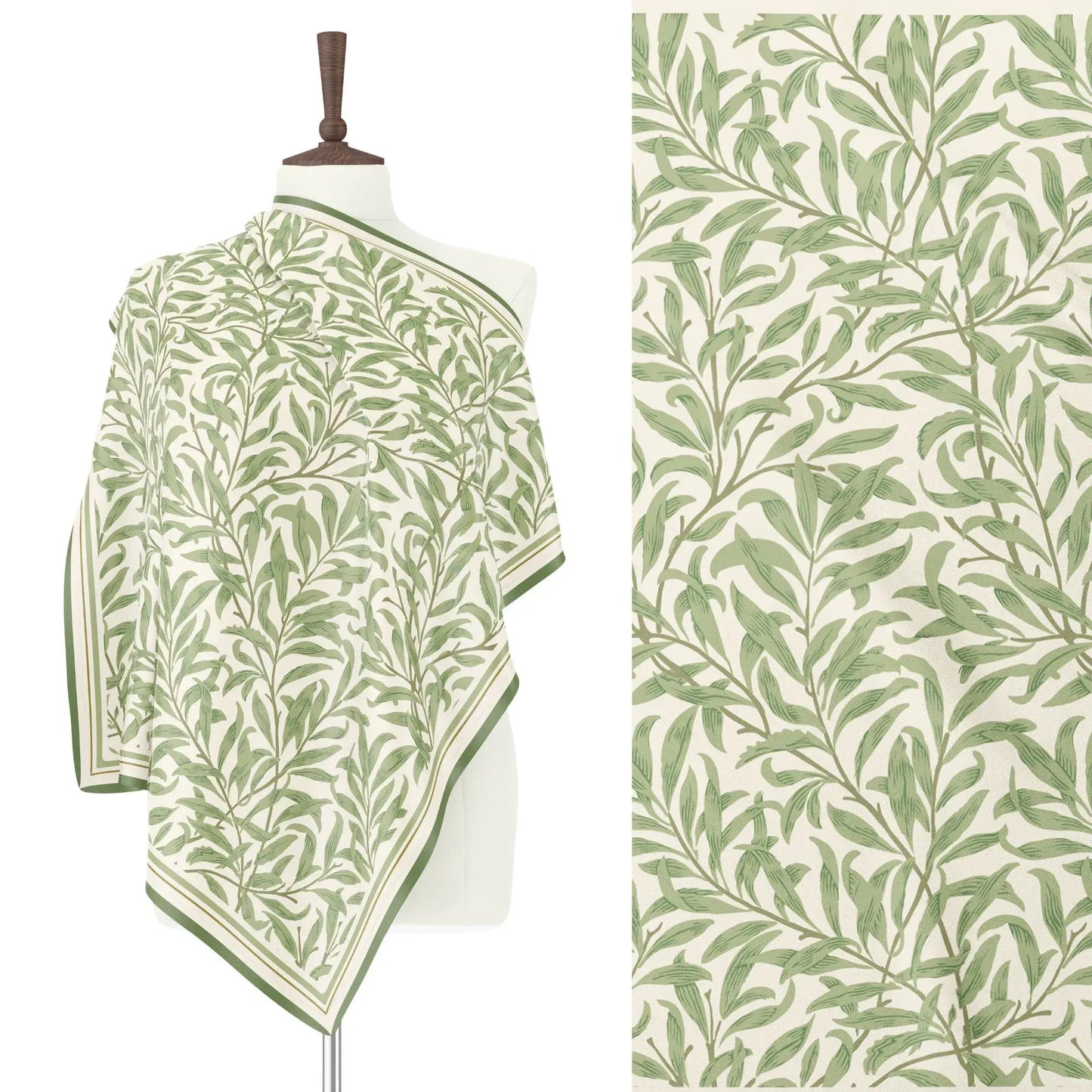 William Morris Silk Scarf Green Willow Boughs draped elegantly on a mannequin, showcasing intricate green leaf patterns.