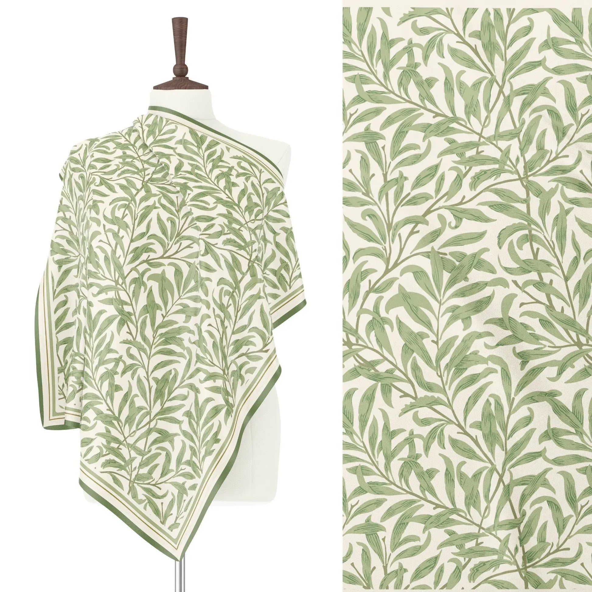 William Morris Silk Scarf Green Willow Boughs draped elegantly on a mannequin, showcasing intricate green leaf patterns.