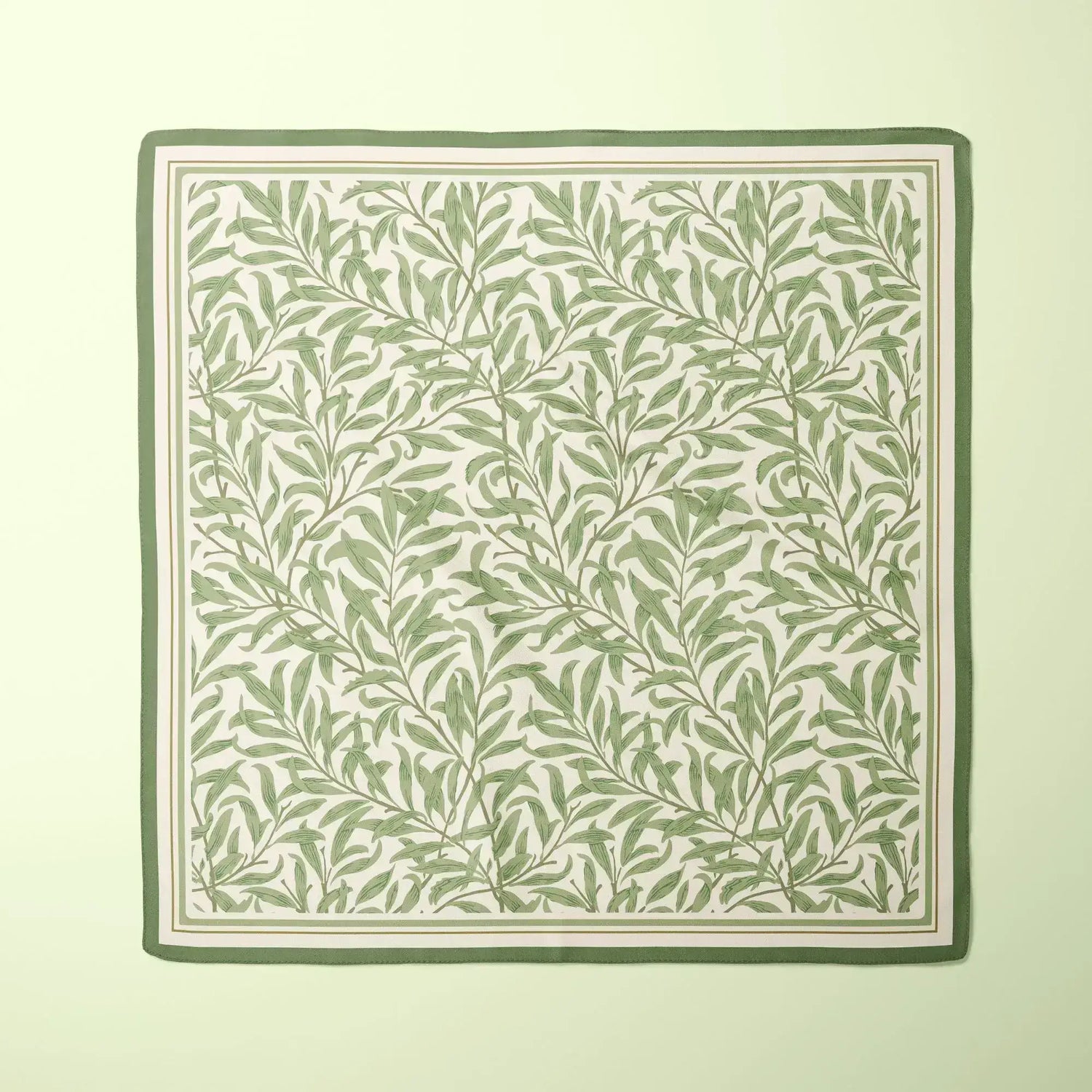William Morris Silk Scarf Blue Willow Boughs featuring botanical patterns in soft green hues.