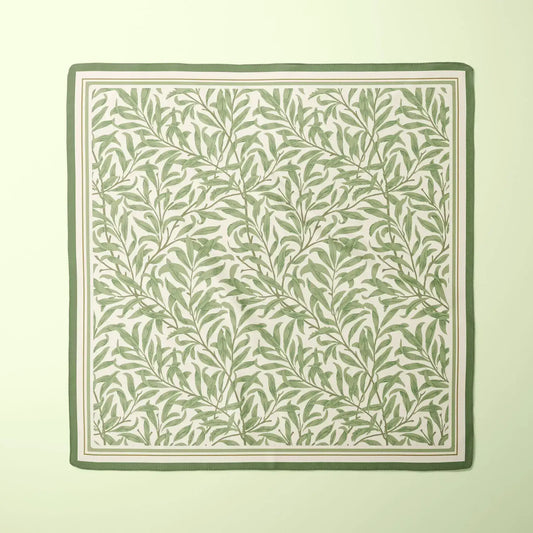 William Morris Silk Scarf Blue Willow Boughs featuring botanical patterns in soft green hues.
