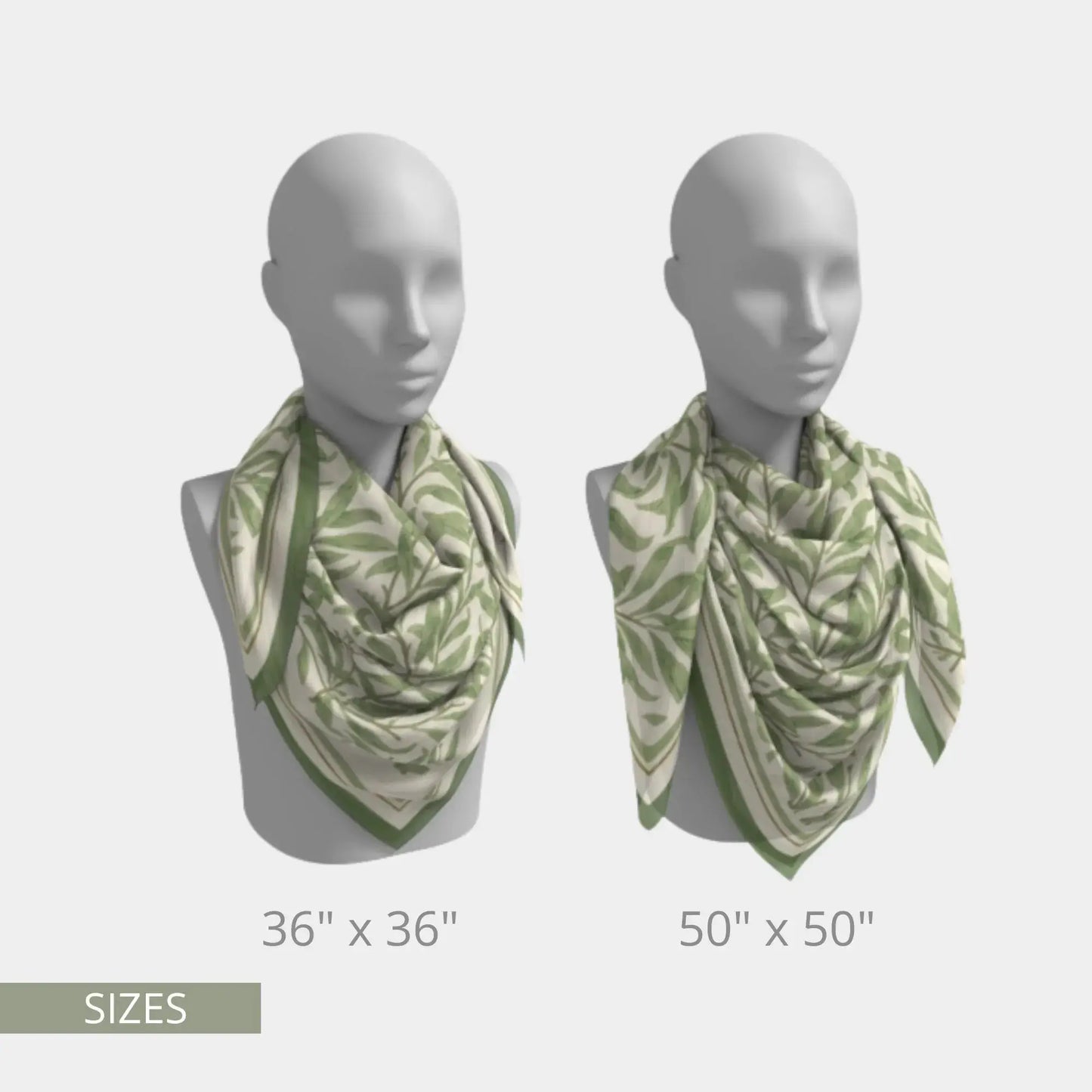 William Morris Silk Scarf Green Willow Boughs displayed in two sizes, 36x36 and 50x50, highlighting intricate leaf patterns.