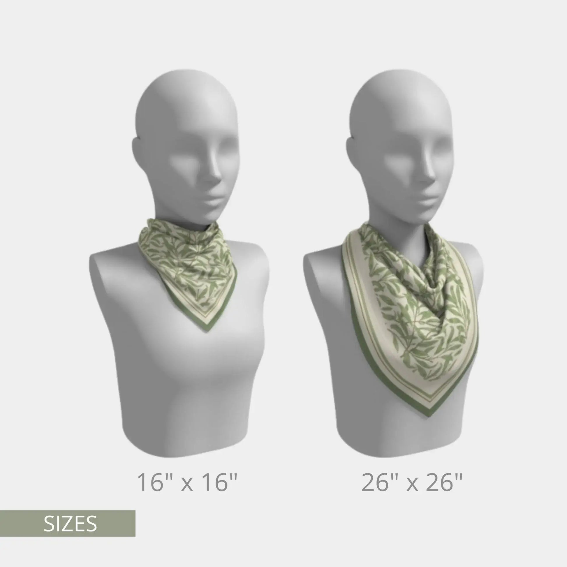 William Morris Silk Scarf Green Willow Boughs displayed in two sizes, 16x16 and 26x26, showcasing beautiful floral design.