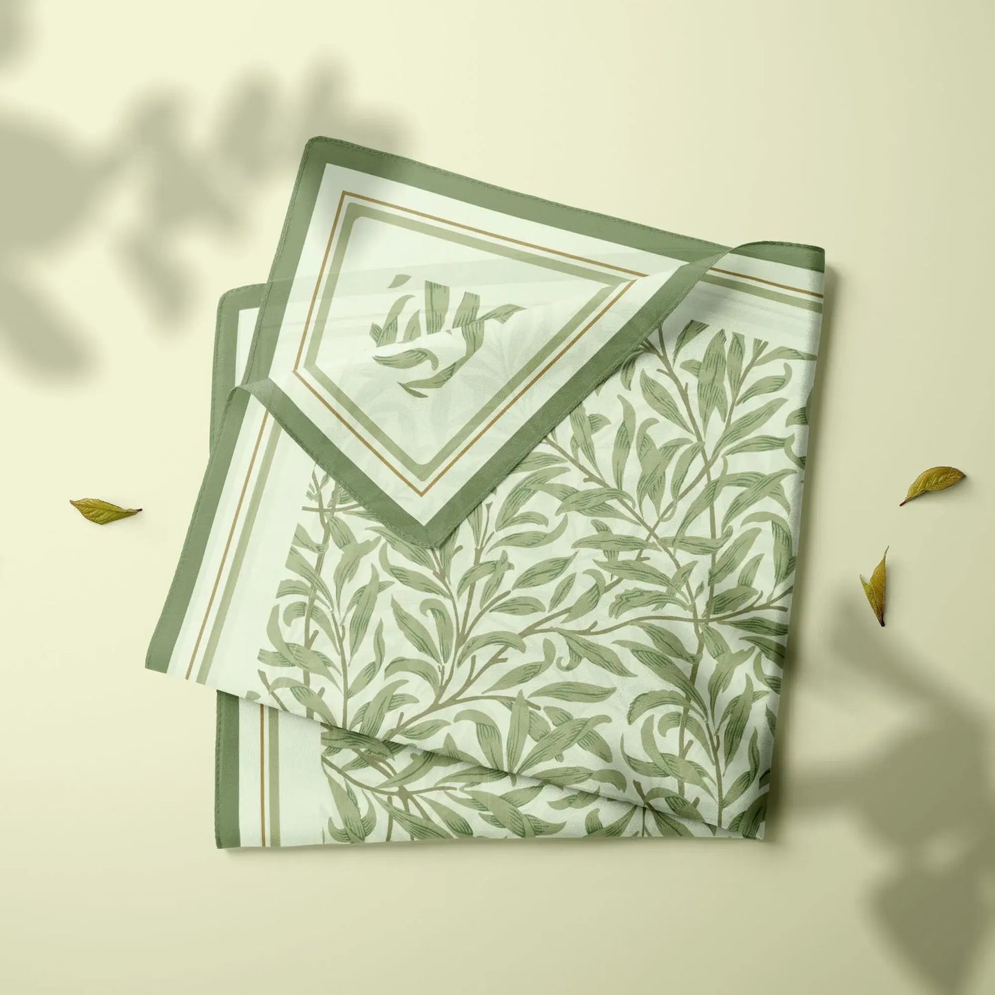 William Morris Silk Scarf Green Willow Boughs featuring a pattern of delicate green leaves and elegant border.