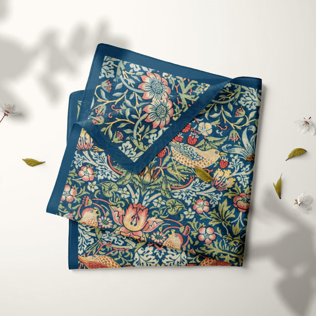 William Morris Strawberry Thief silk scarf showcasing intricate floral and bird design in vintage hues.