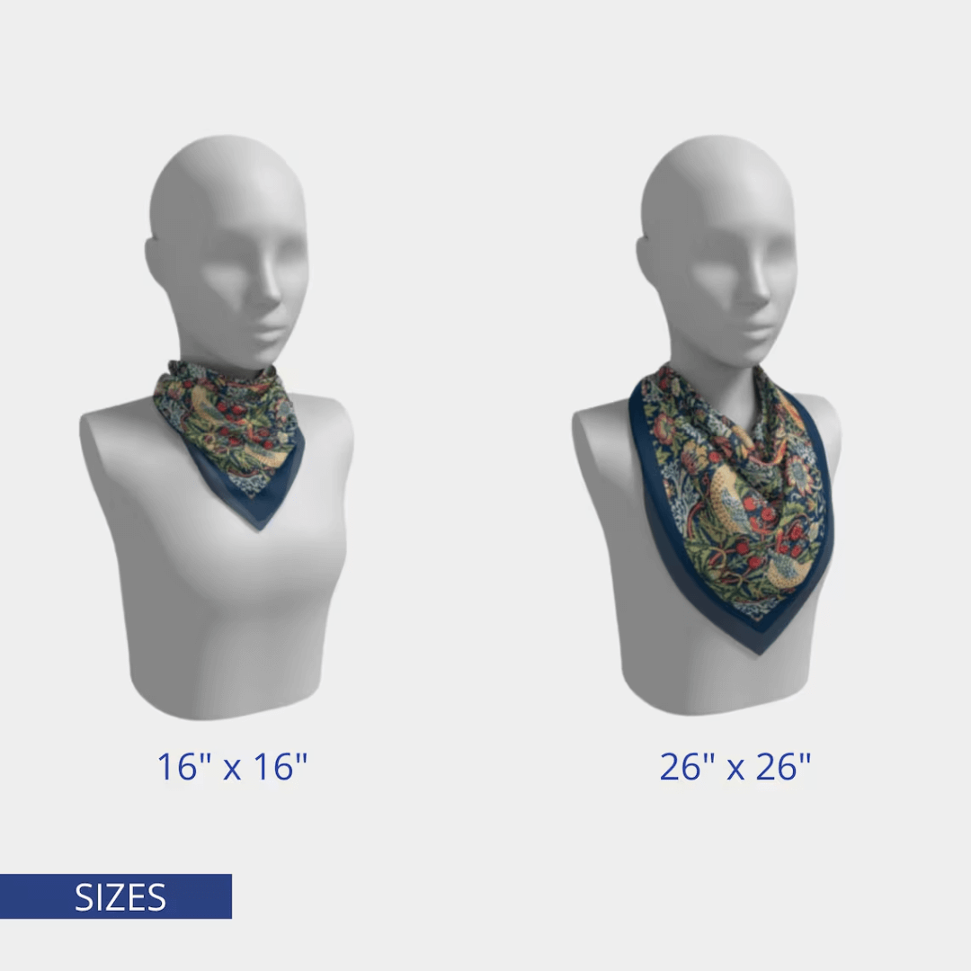 Sizes of William Morris Strawberry Thief silk scarf shown on mannequins, 16" x 16" and 26" x 26".