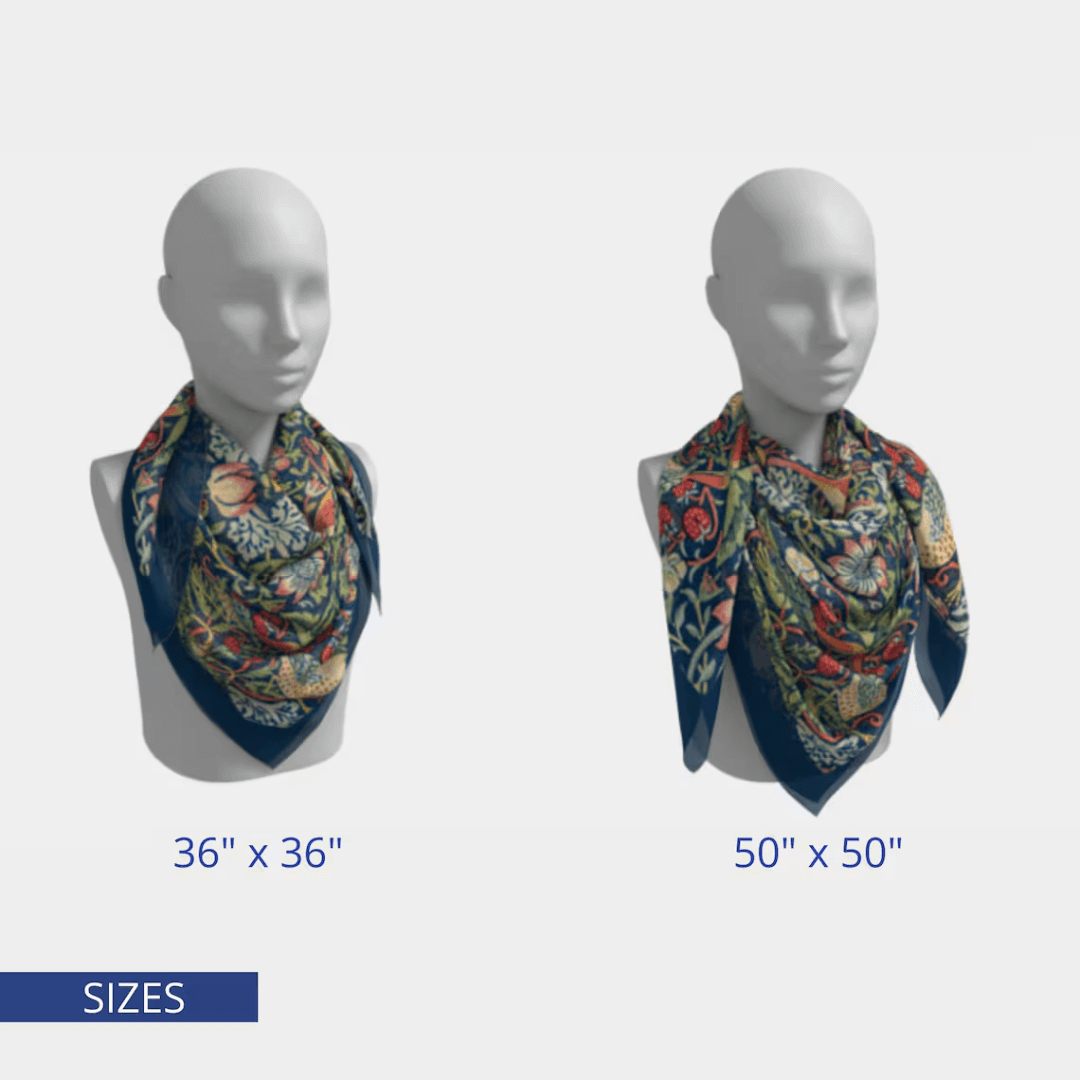 William Morris Strawberry Thief silk scarf displayed in two sizes: 36" x 36" and 50" x 50".