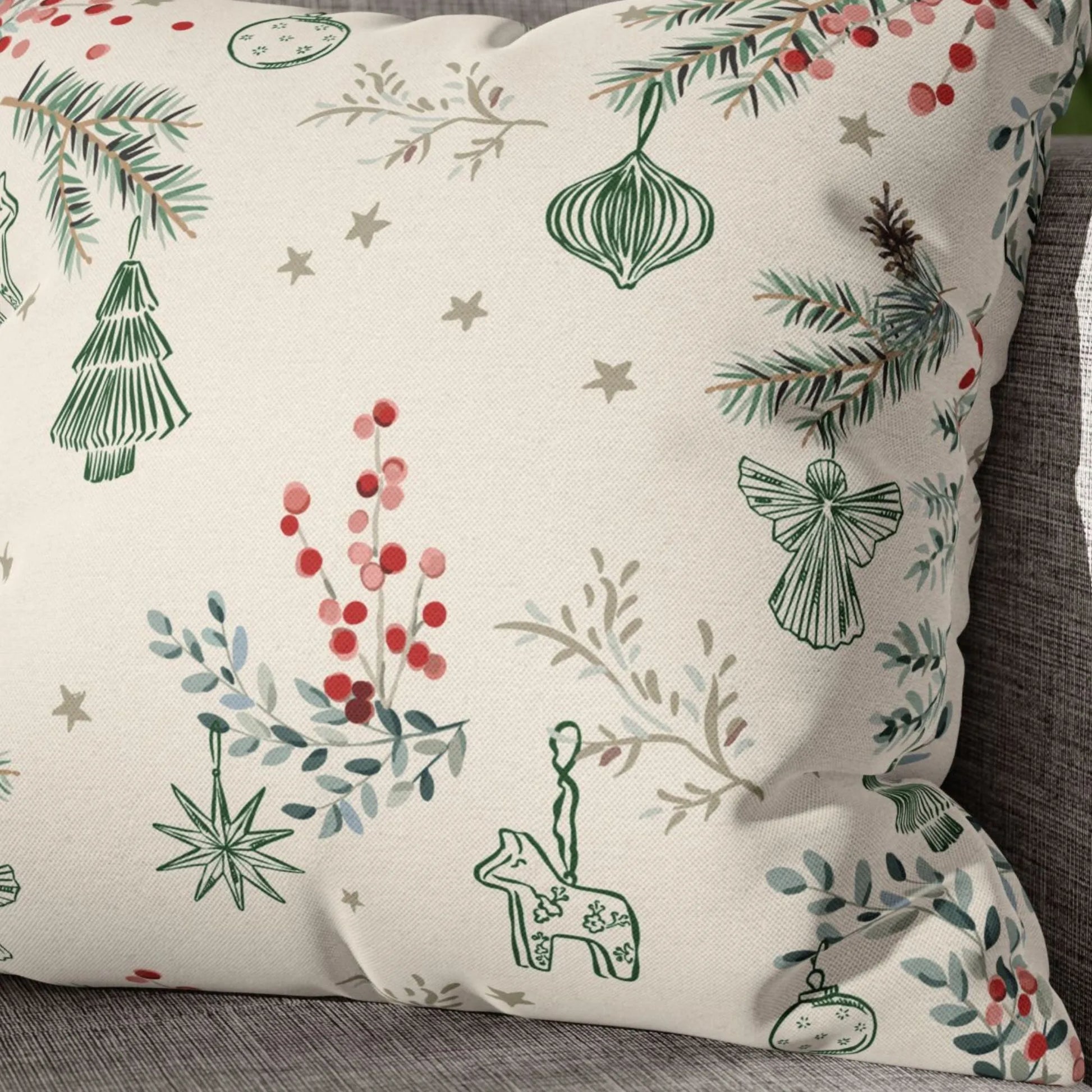 Winter berry Christmas pillow cover with festive pine branches and red berries design, perfect for Scandinavian holiday decor.