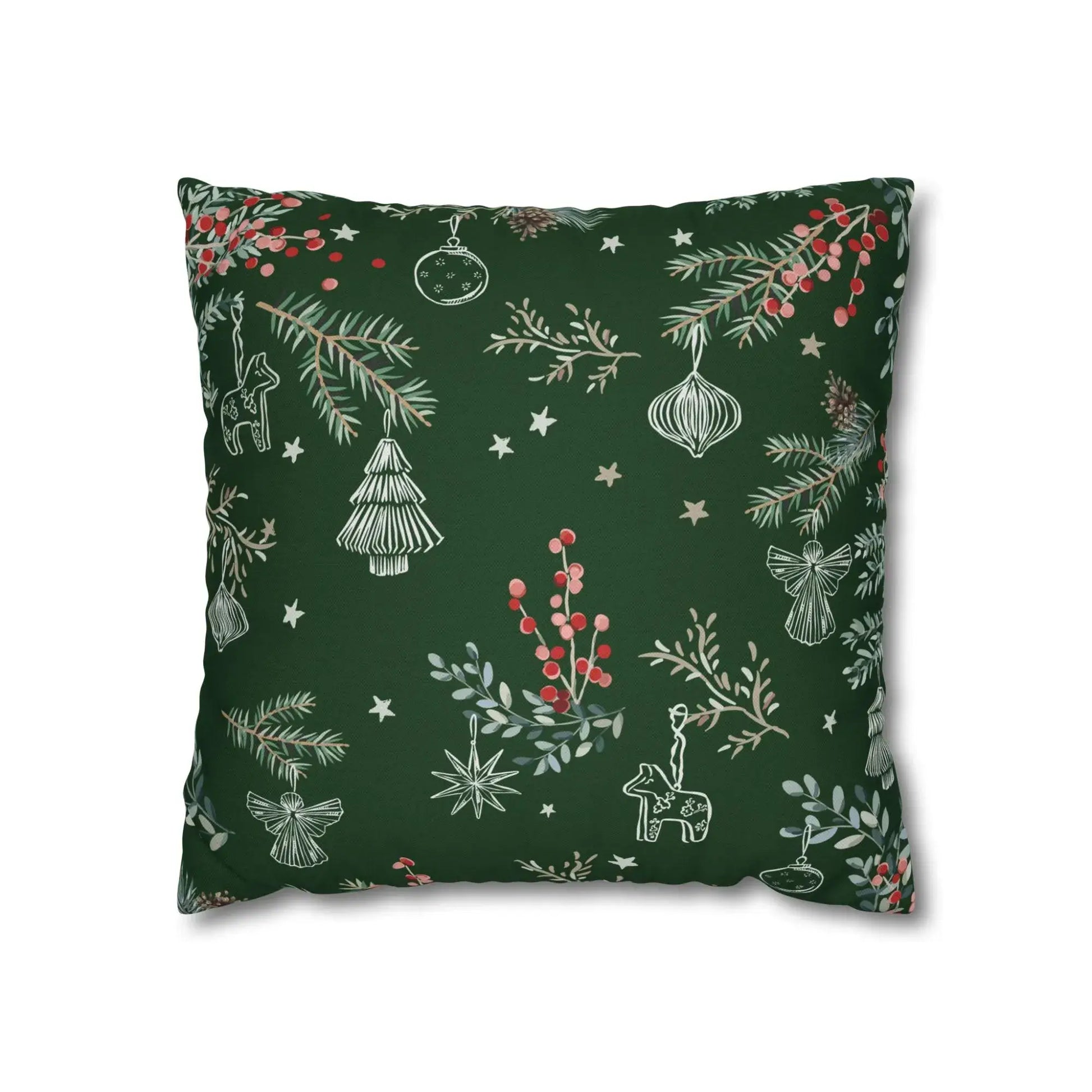 Botanical Christmas pillow cover featuring pine branches and red berries on a green background, perfect for holiday decor.